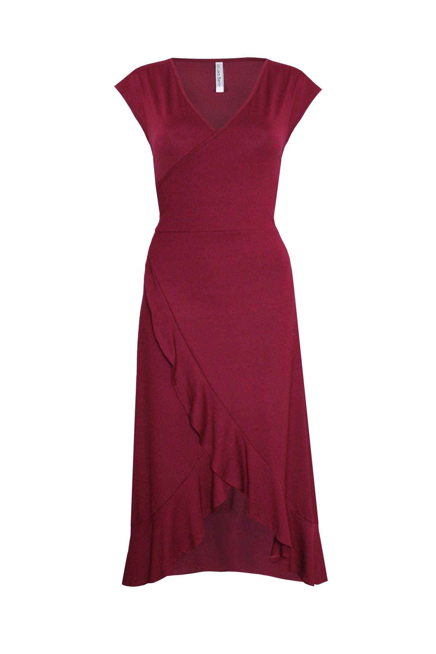 Elegantes Midikleid mit asymmetrischen Saum und Volants in bordeauxrot aus Viskosejersey von LA.LUKA Berlin.