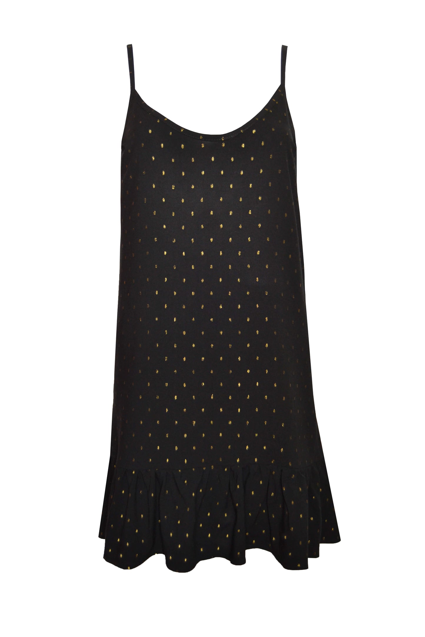 Trägerkleid schwarz, gold mit Volant - LA.LUKA Berlin