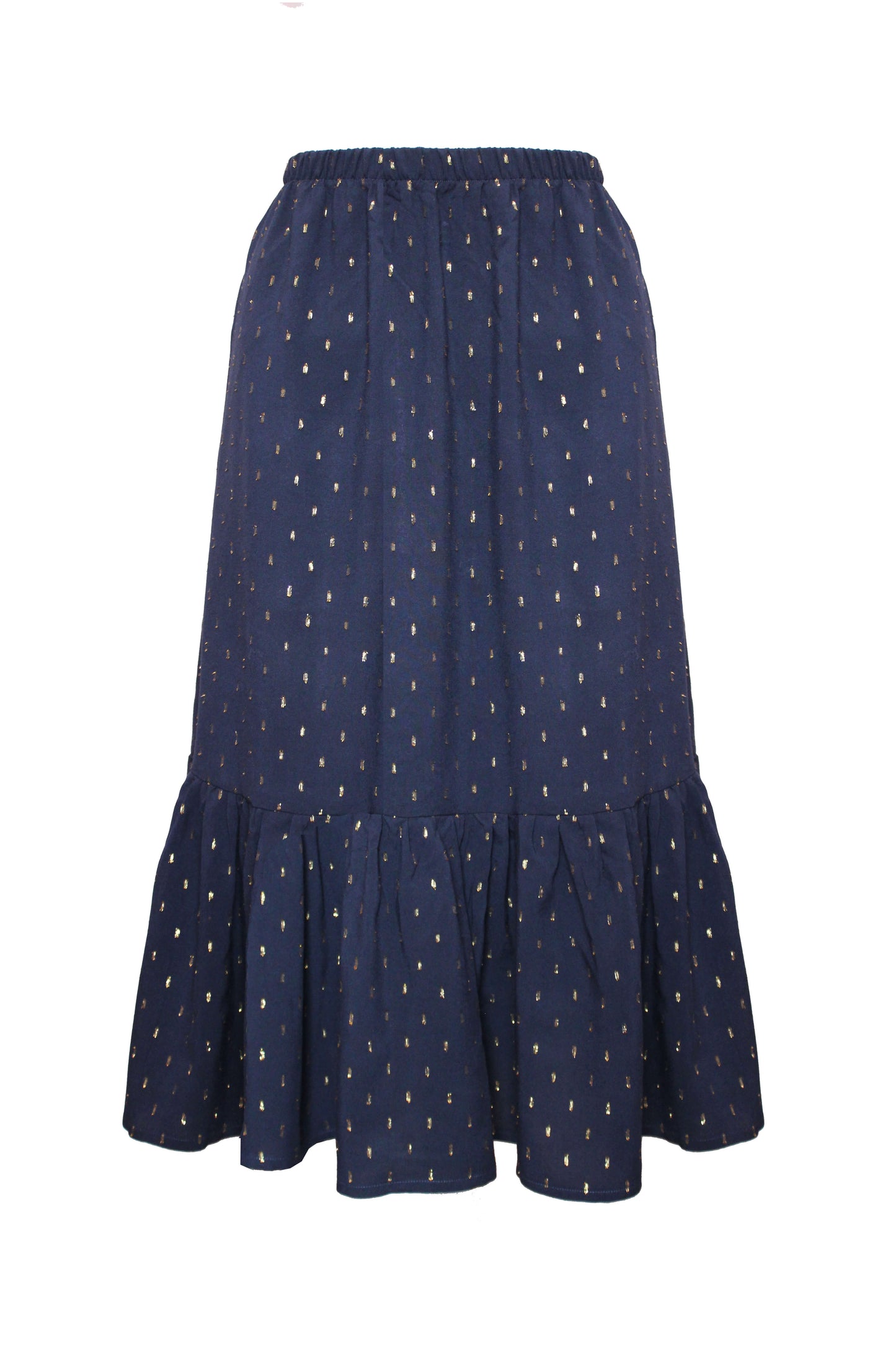 Detailansicht Midirock aus Viskose mit goldfarbenem ÜPunktem aus Lurex.