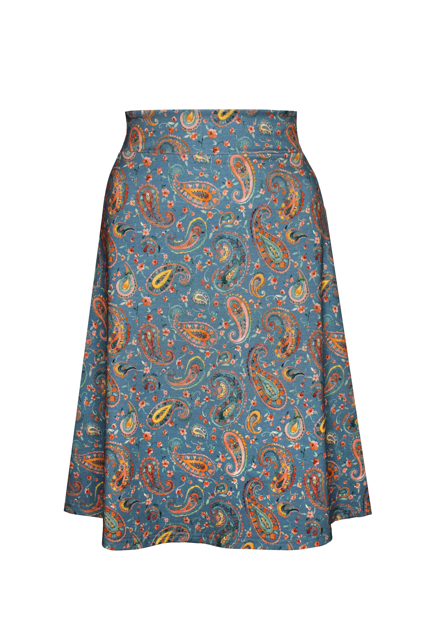Knielanger A-Linienrock aus Baumwolljersey in jeansblau mit Paisleymuster - LA.LUKA Berlin