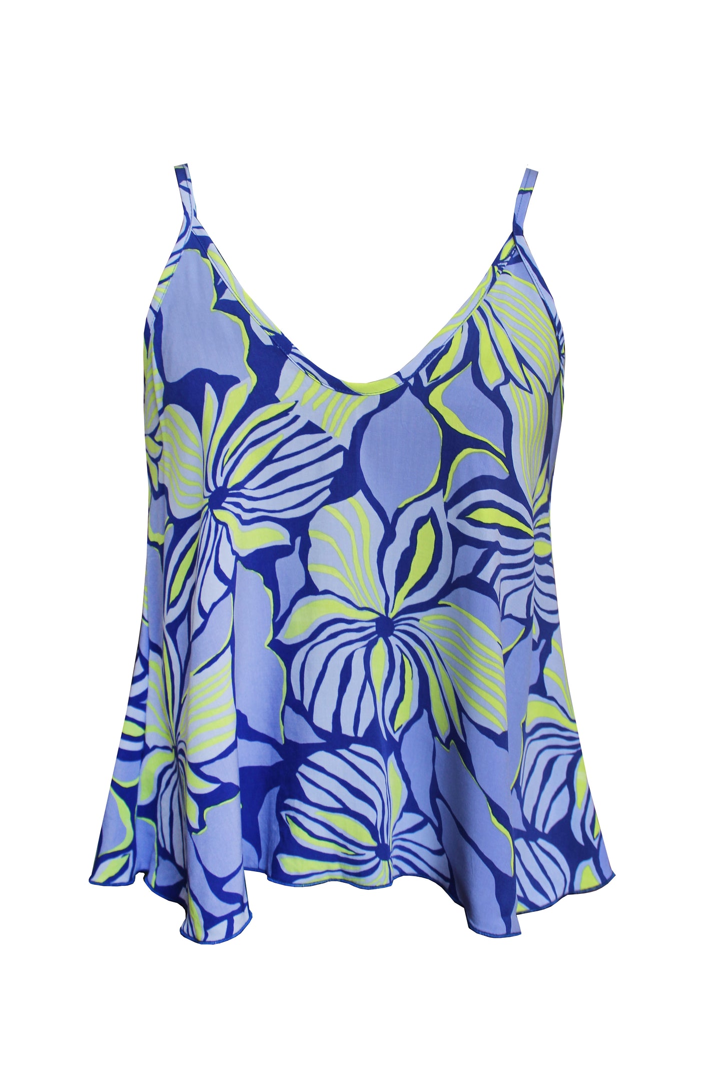 Croptop aus leichter Viskose mit Blumenmuster in Blau und Neon, locker geschnitten mit Spaghettiträgern.