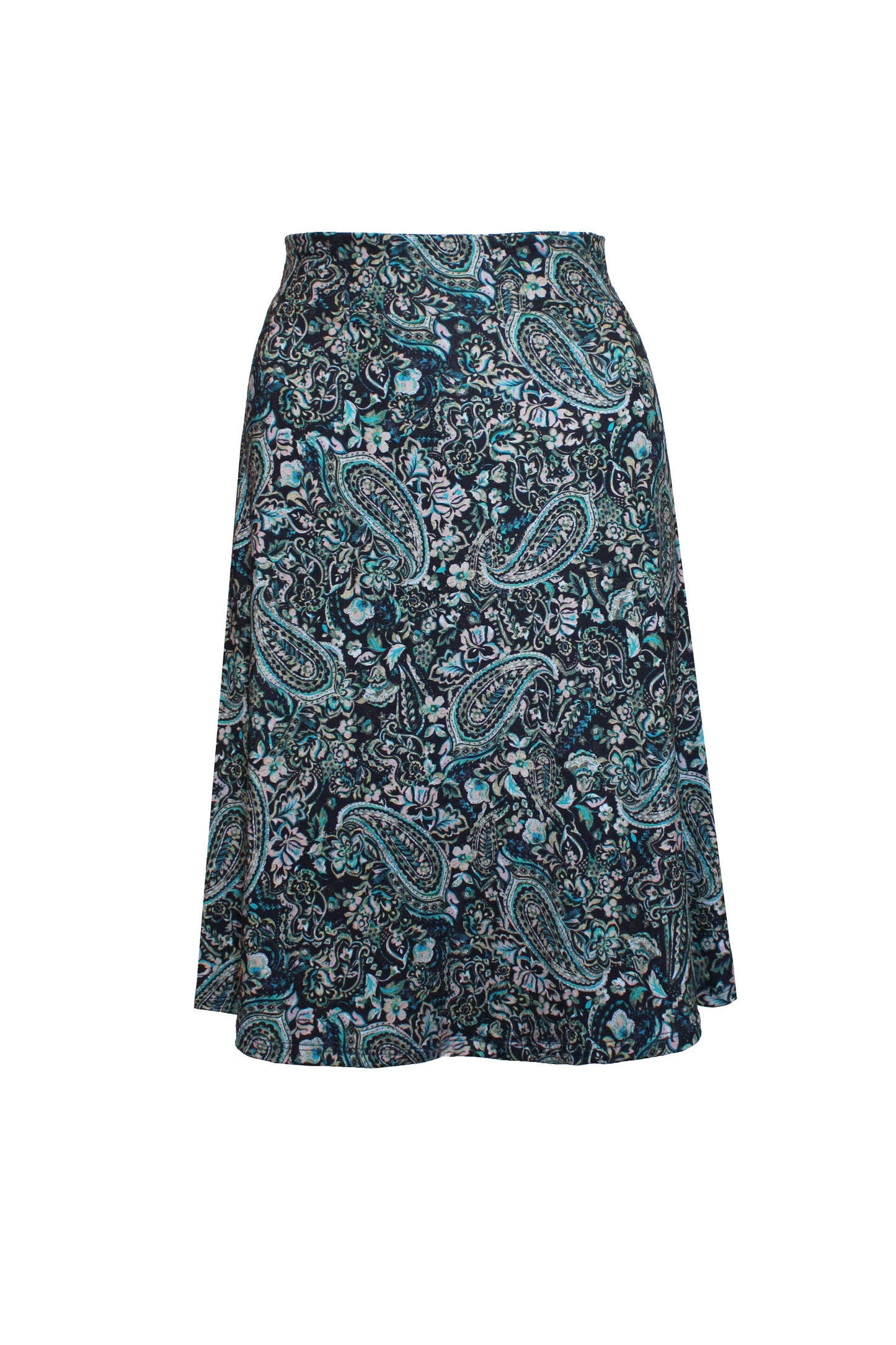 Knielanger Jerseyrock in dunkelblau mit Paisleymuster aus Viskosejersey von LA.LUKA Berlin.