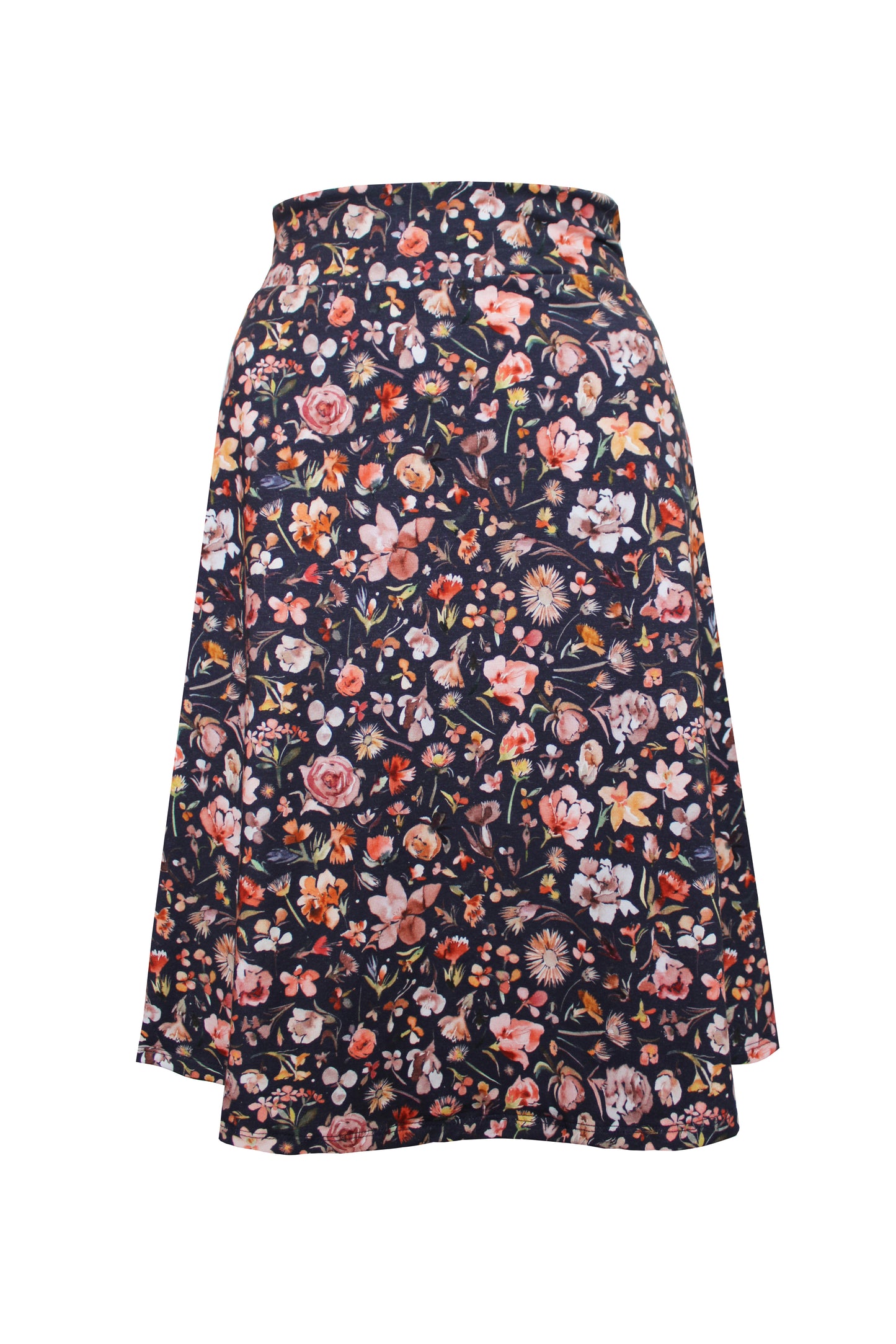 Knielanger Jerseyrock aus Baumwolle in dunkelblau mit Herbstblumen - LA.LUKA Berlin