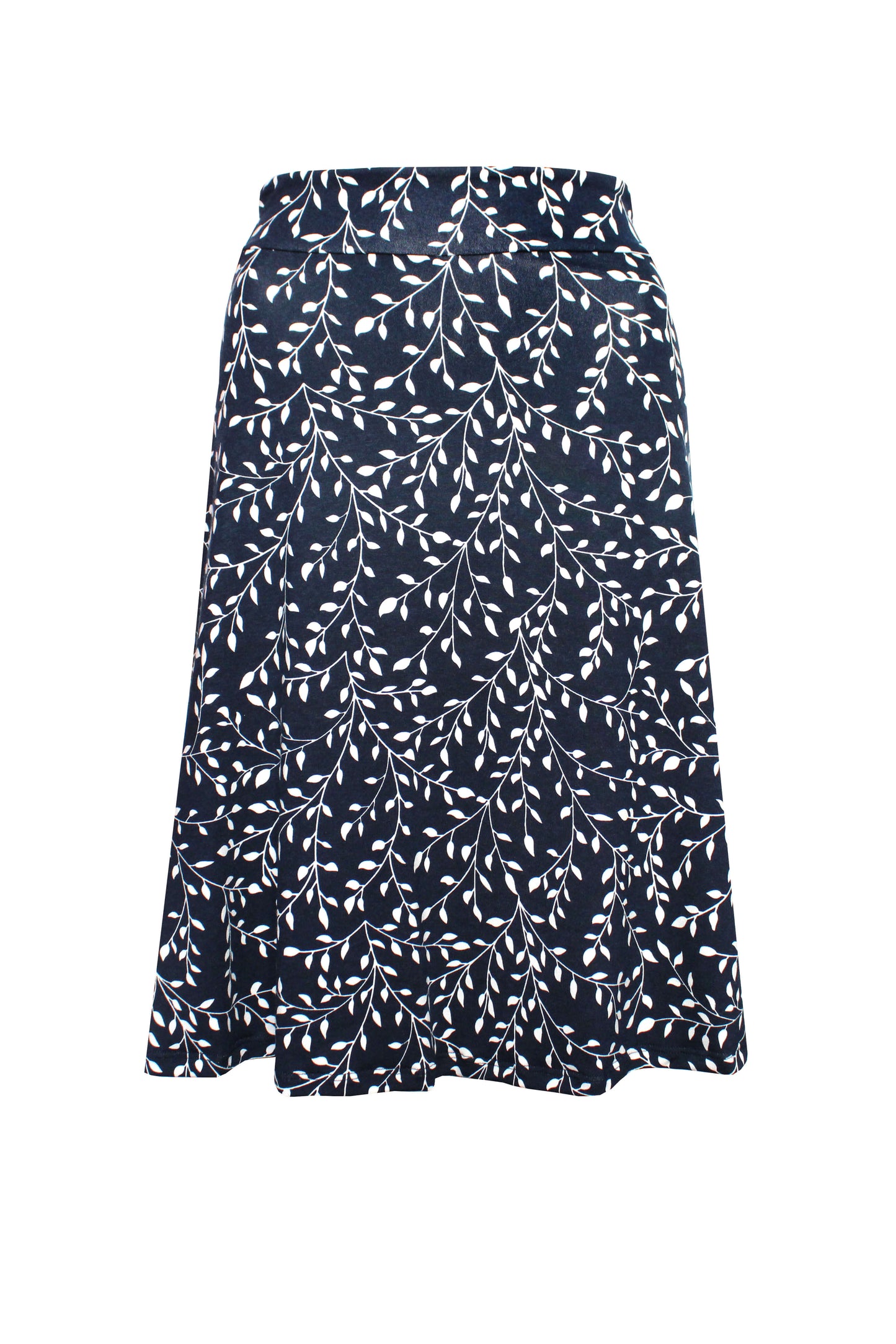 Knielanger Jerseyrock in schwarz mit weißen Blumen-Muster von LA.LUKA Berlin.