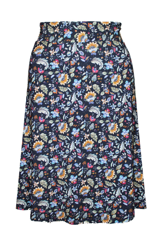 Dunkelblauer, geblümter Jerseyrock aus Visksoe von LA.LUKA Berlin.