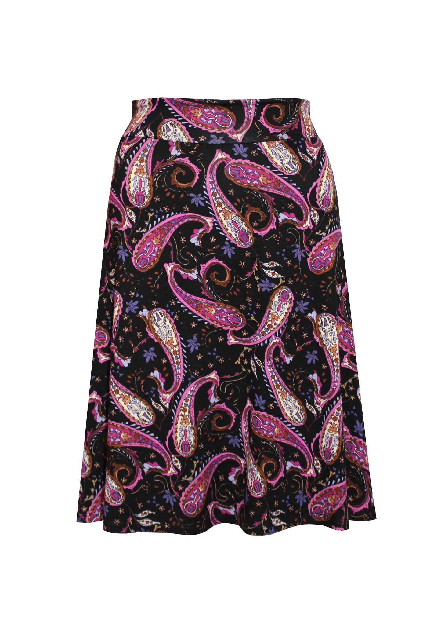 Knielanger Jerseyrock in schwarz mit lila Paisleyprint - LA.LUKA Berlin