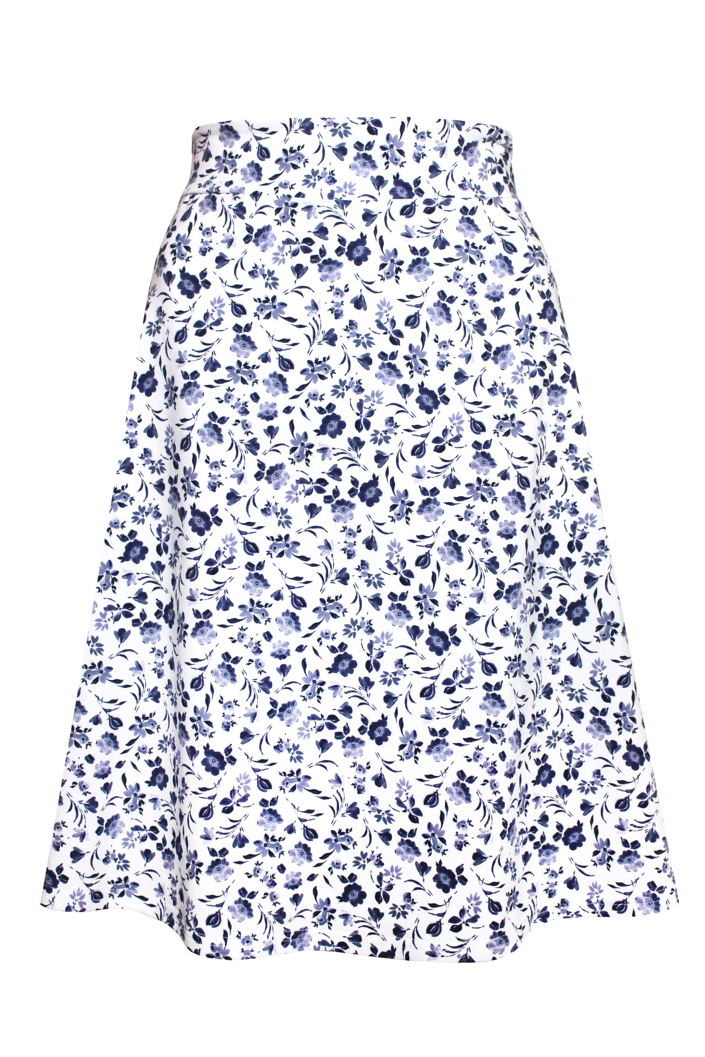 Weißer Jerseyrock mit blauem Blumenmuster – leichter Sommerrock in A-Linie von LA.LUKA Berlin
