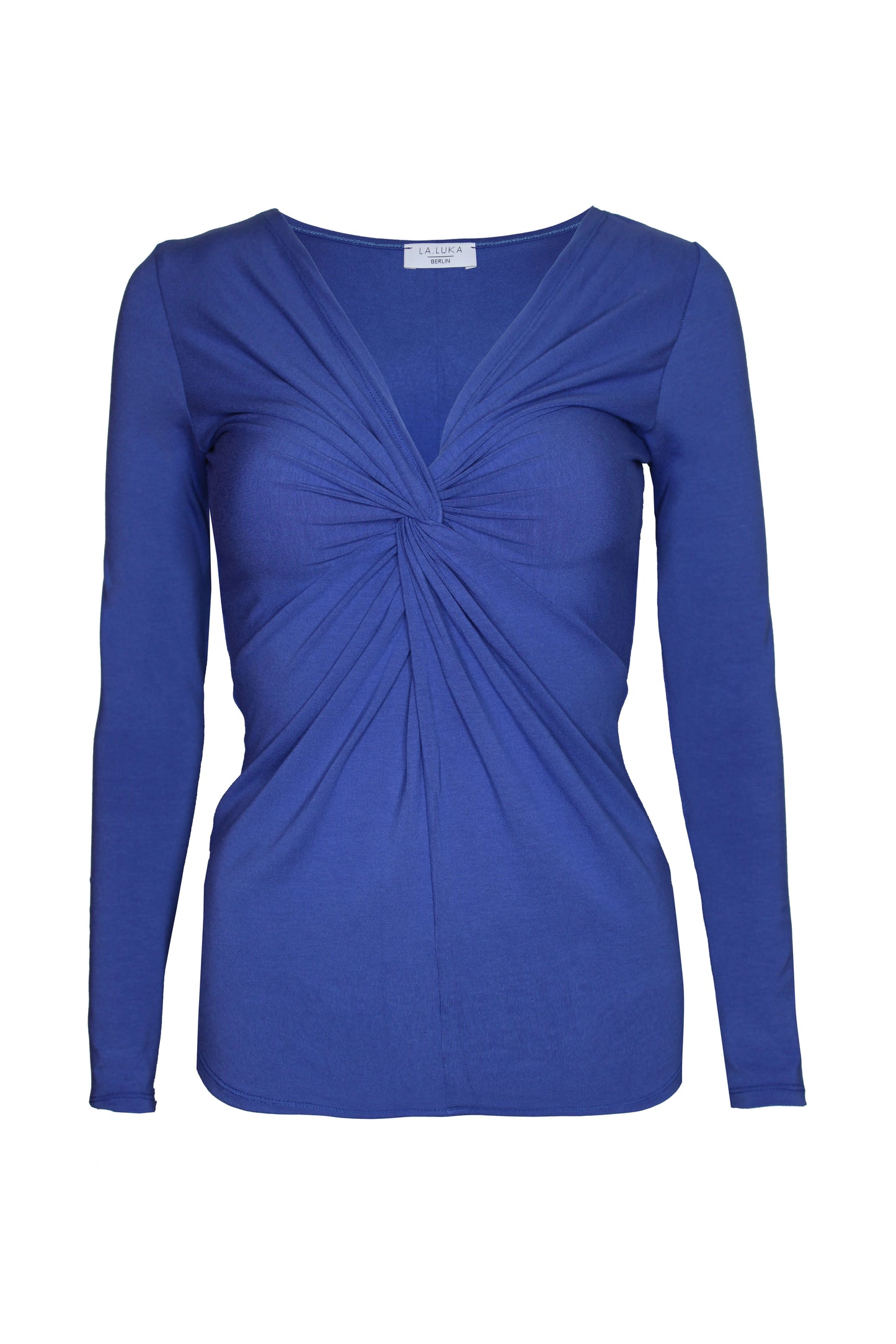 Blaues Knotenshirt aus Viskosejersey mit langen Ärmeln von LA.LUKA Berlin.