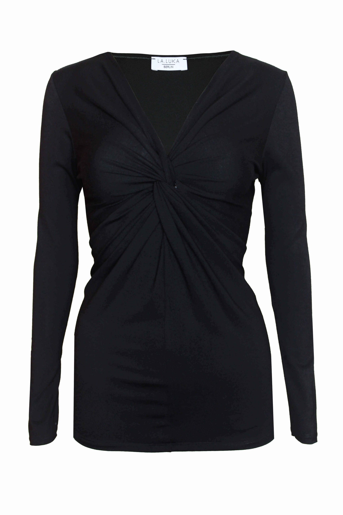 Schwarzes Knotenshirt aus Viskosejersey mit langen Ärmeln von LA.LUKA Berlin.