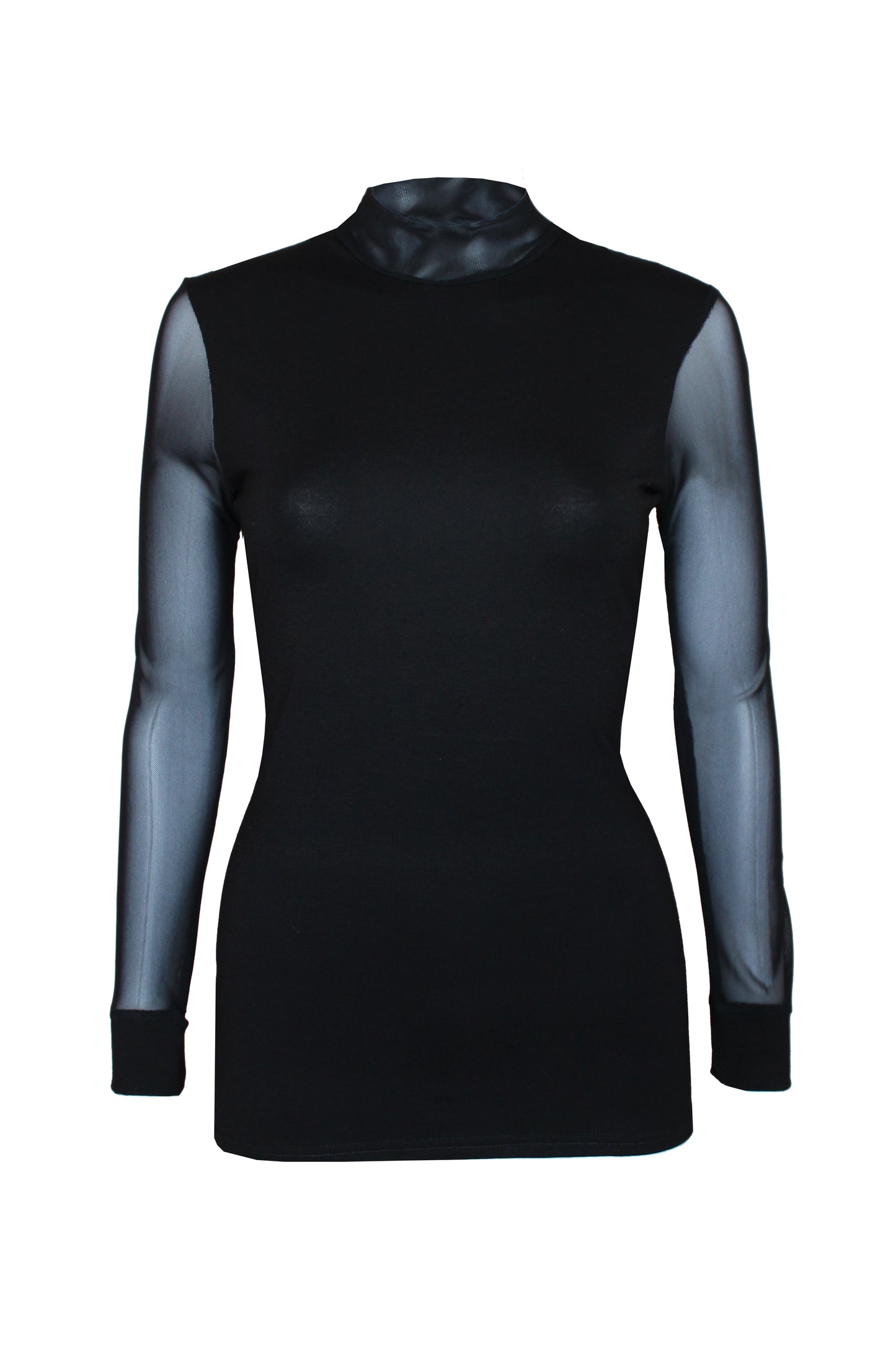 Schwarzes Jerseytop mit langen Ärmeln und Stehkragen. Das Oberteil hat einen figurbetonten Schnitt, transparente Ärmel aus Mesh sowie eine elegante Optik.