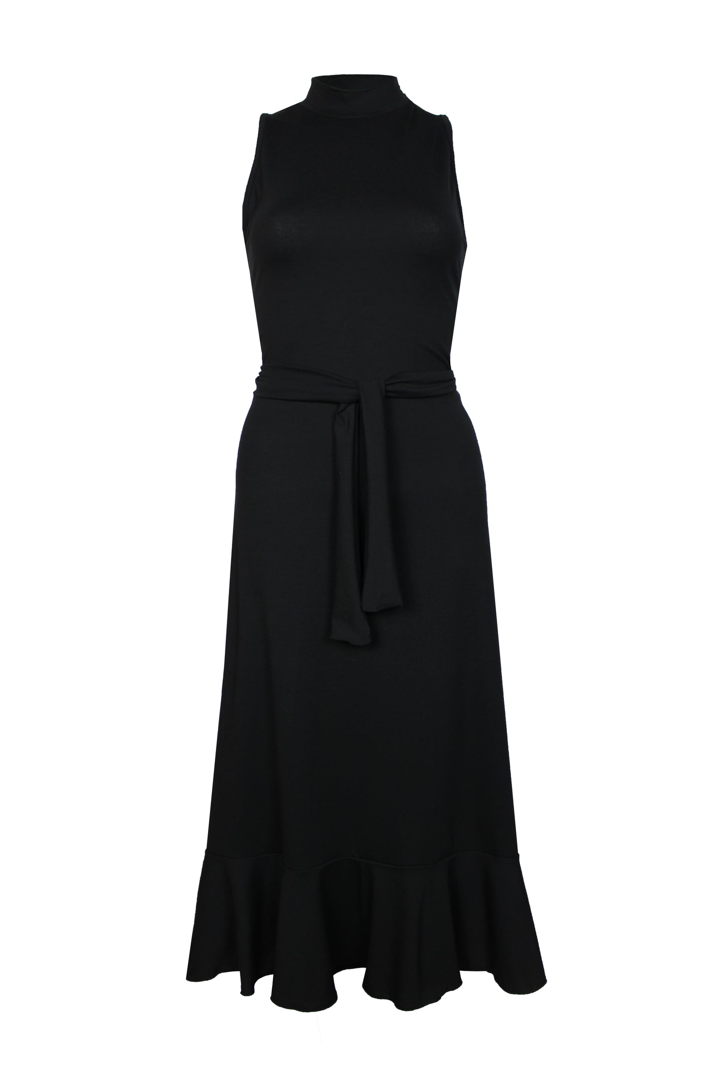 Elegantes Midikleid in schwarz mit Volant am Saum und Stehkragen, ohne Ärmel von LA.LUKA Berlin.