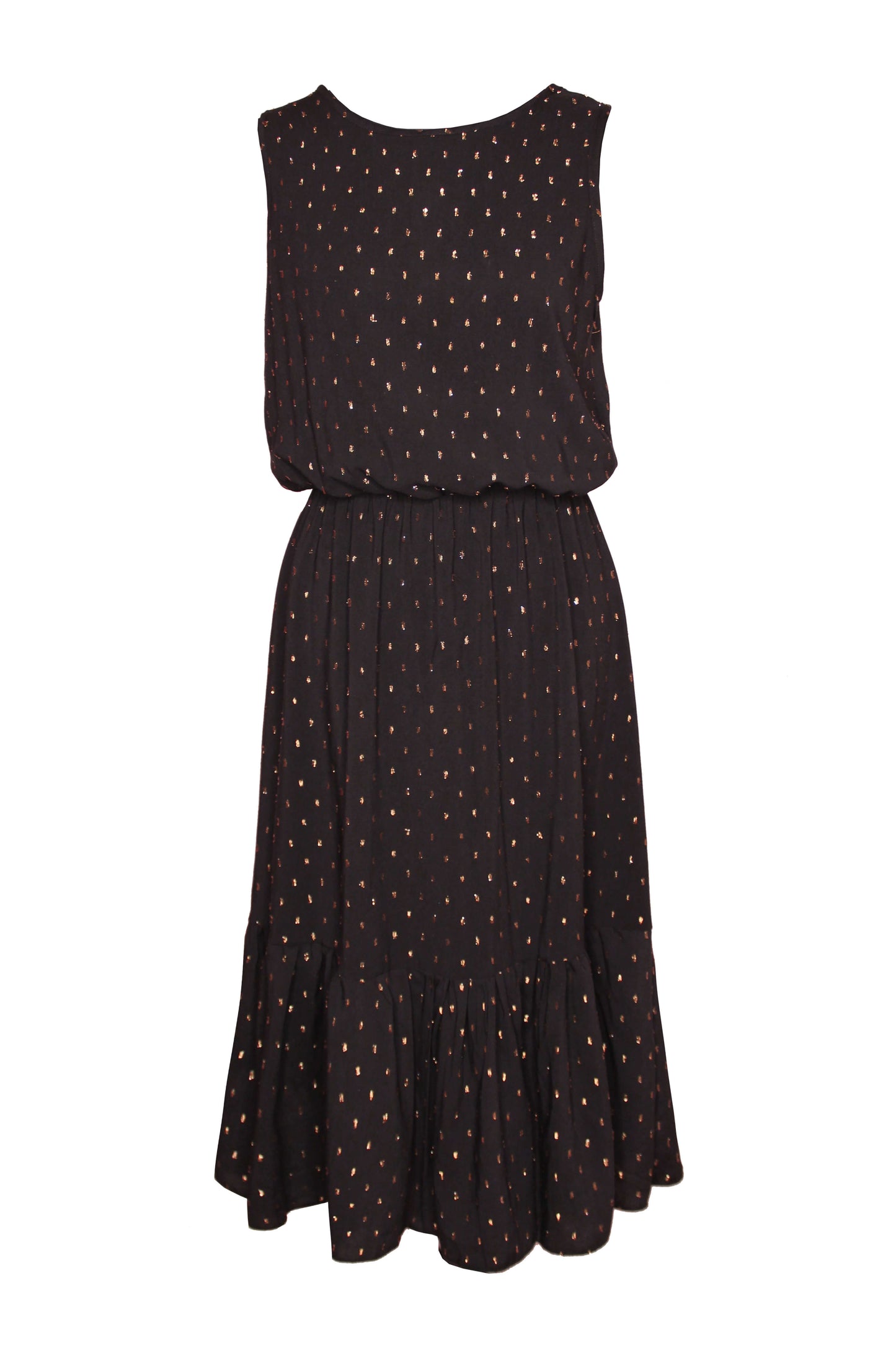 Elegantes Midikleid in schwarz mit goldenen Pünktchen und Volant aus leichtem Viskosestoff von LA.LUKA Berlin.