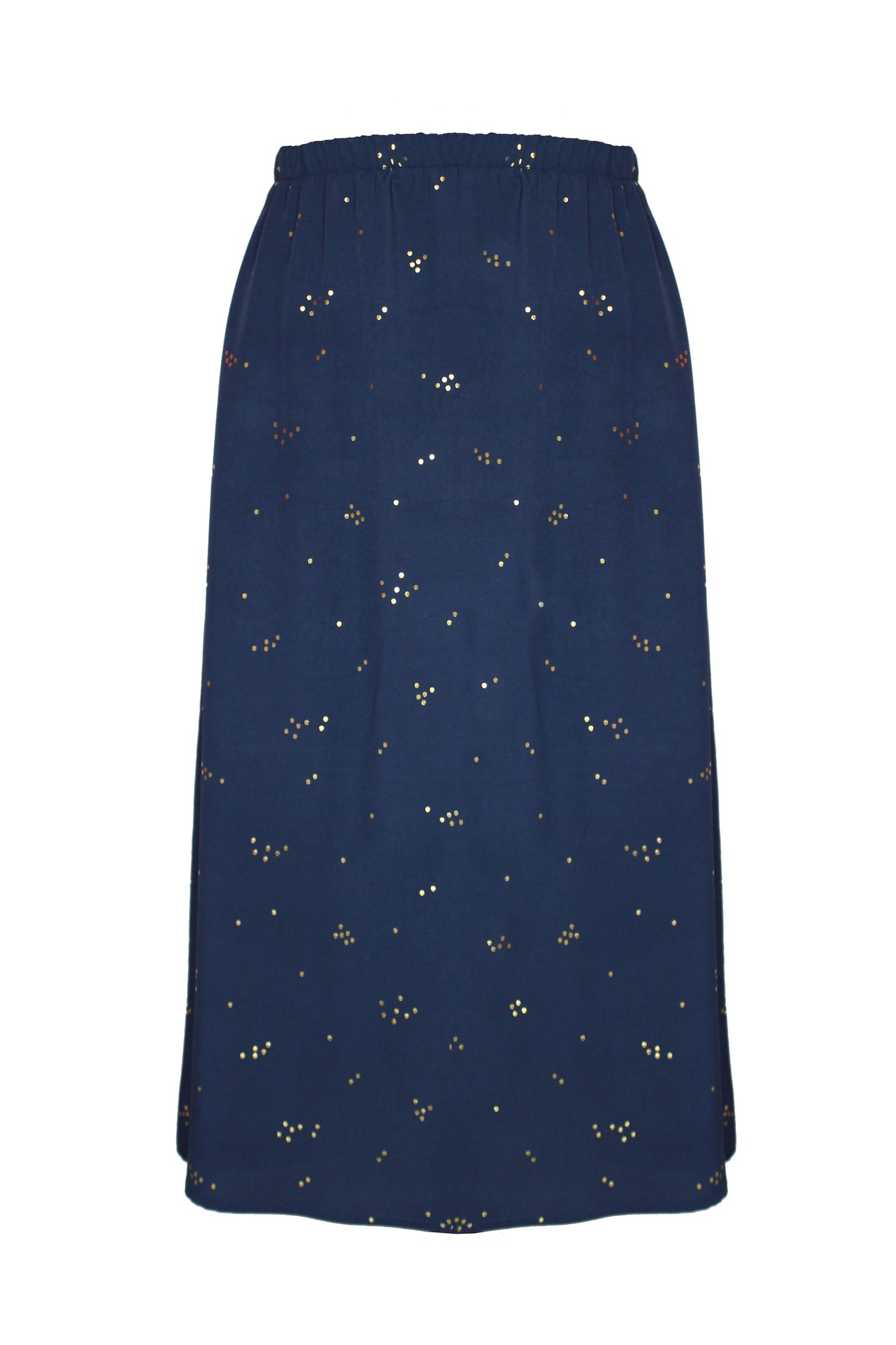 Midirock in dunkelblau mit kleinen, goldenen Punkten aus Viskose von LA.LUKA Berlin.