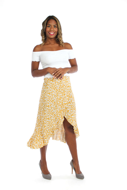 Sommerrock in Gelb mit Blumenmuster – LA.LUKA Berlin Damenrock aus Viskose in Midilänge mit Volants.