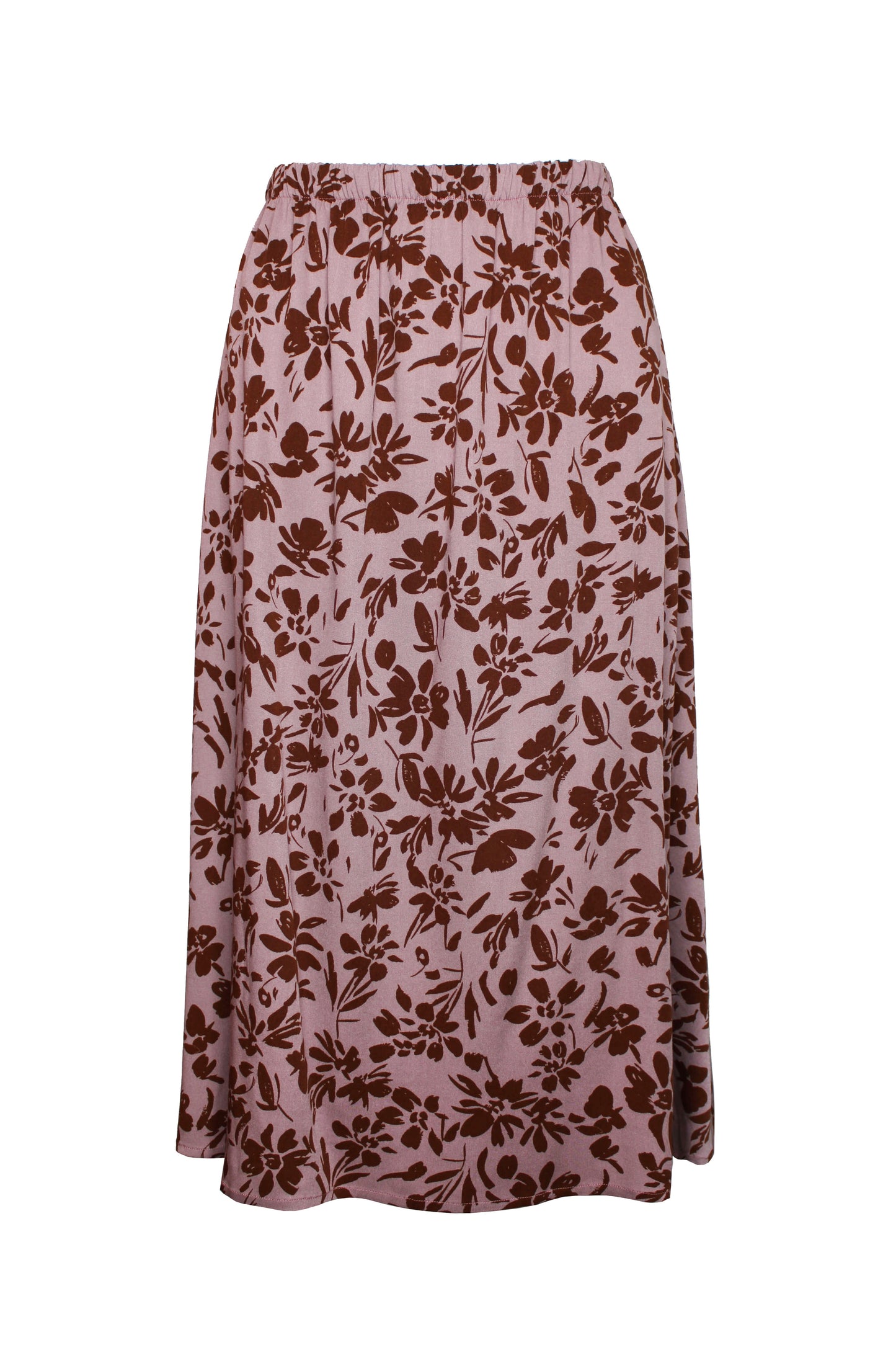 Midirock mit Blumenprint in rosé und braun aus Visksoe von LA.LUKA Berlin.