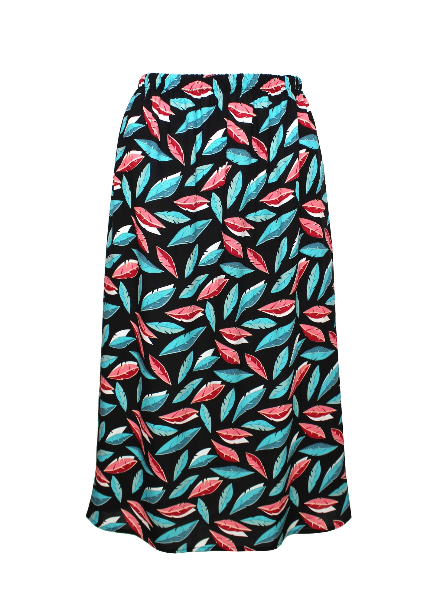 Midirock Damen schwarz mit buntem Blättermuster aus Viskose mit elastischem Bund in Midilänge.