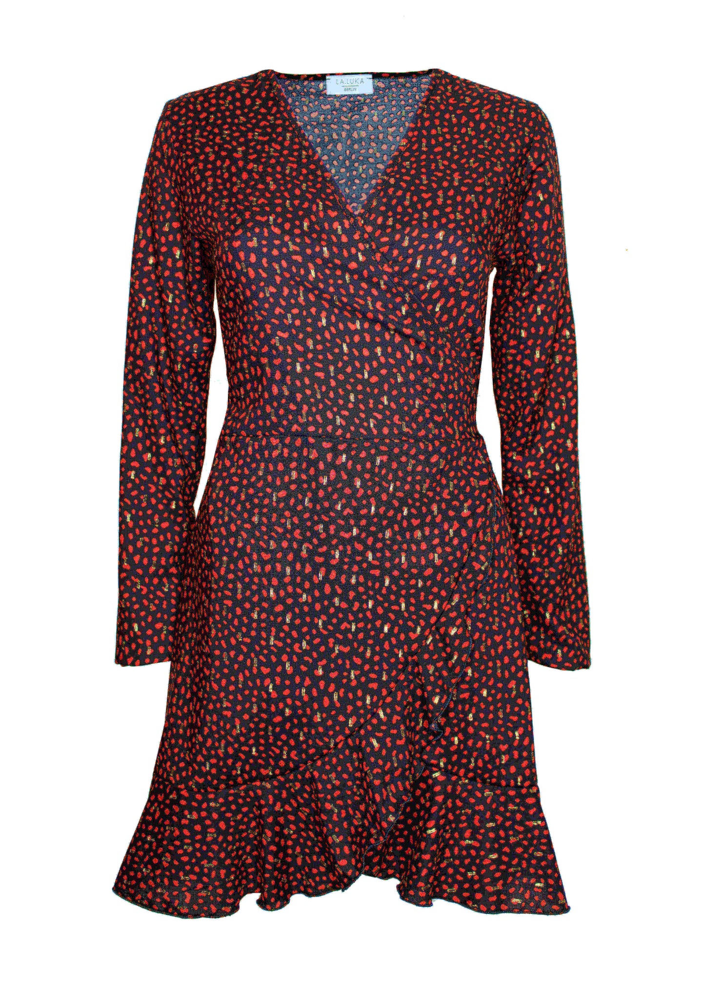 Kurzes Wickelkleid schwarz, rot, gold gepunktet mit Volants von LA.LUKA Berlin.