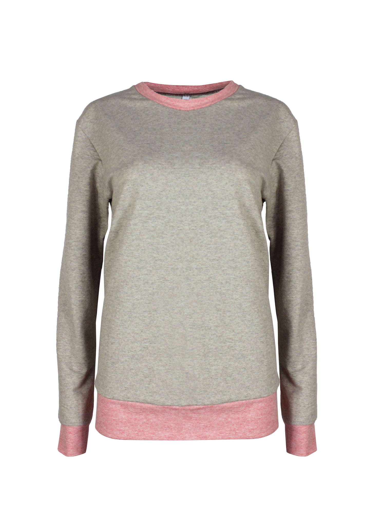 Pullover aus Baumwolle in beige mit rosa Kragen und Saum von LA.LUKA Berlin in der Vorderansicht.