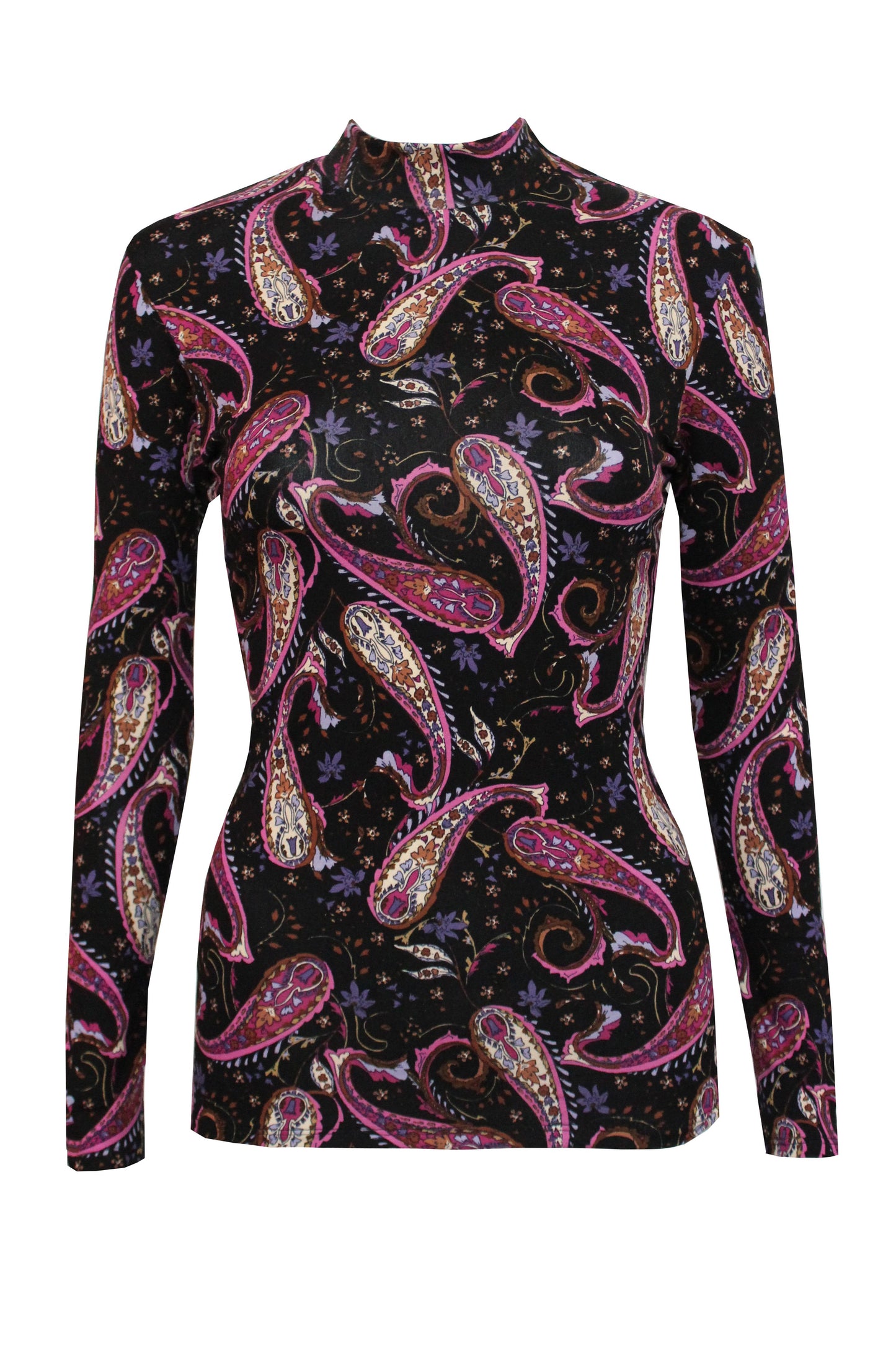 Elegantes, schwarzes Stehkragenshirt mit lila Paisleymuster aus Viskosejersey von LA.LUKA Berlin.