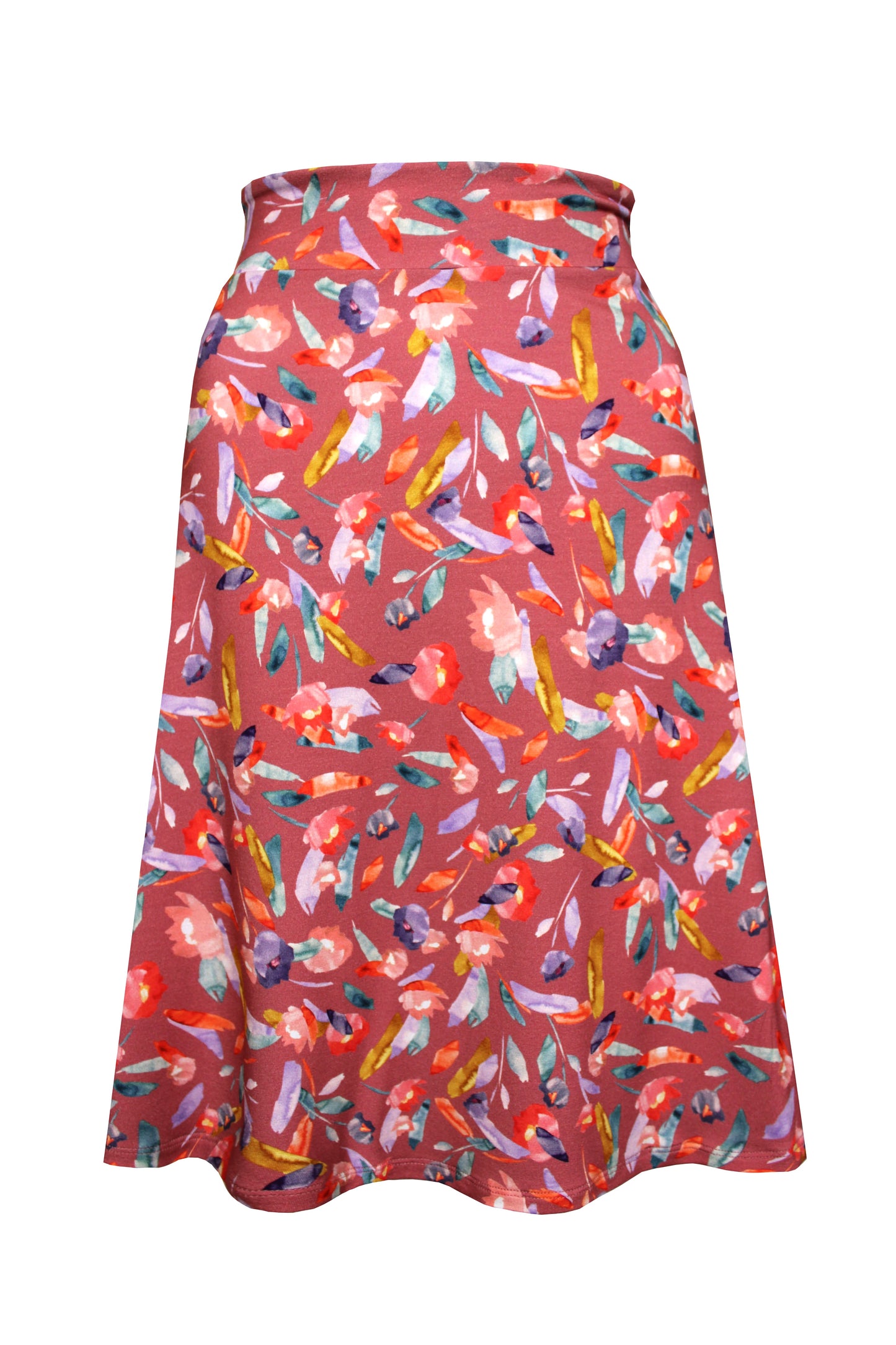 Knielanger Sommerrock aus Viskosejersey in rosé mit Blumenprint von LA.LUKA Berlin.