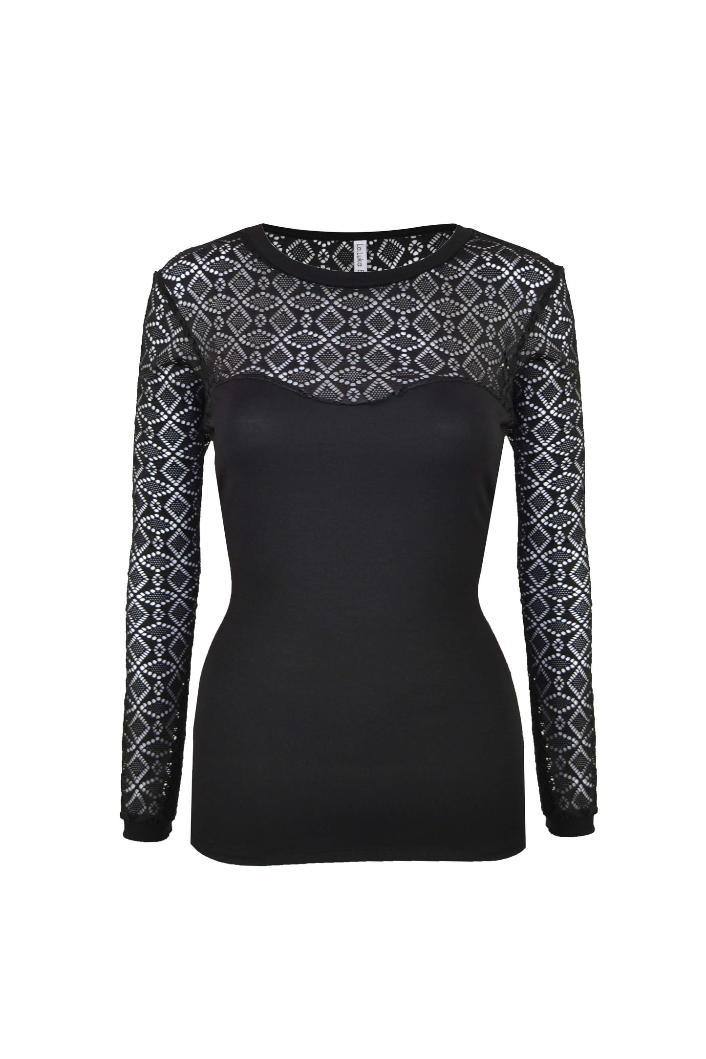 Elegantes Spitzentop in schwarz mit langen Ärmeln von LA.LUKA Berlin.