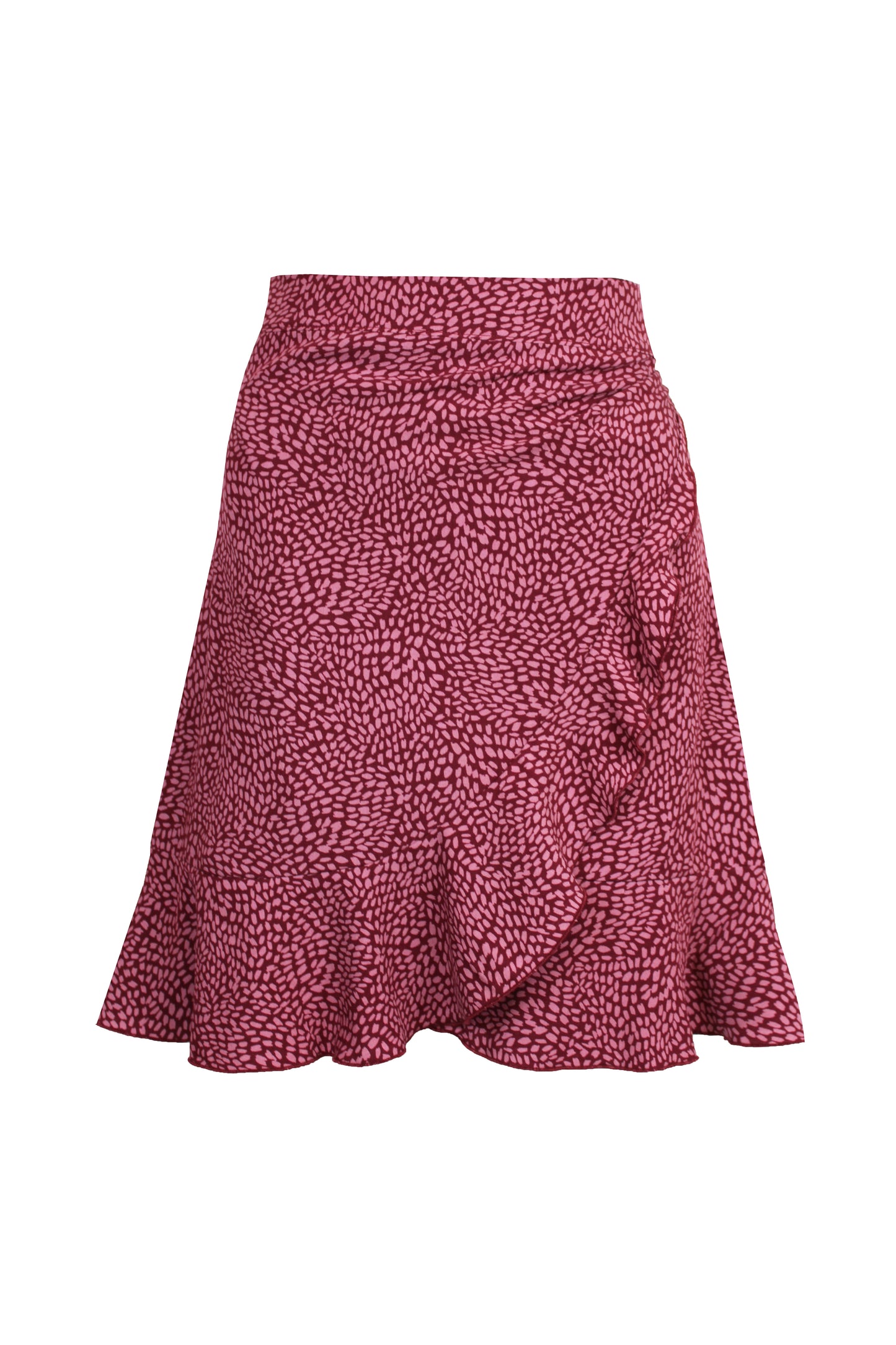 Kurzer Wickelrock in bordeaux mit Pünktchen in rosé aus Viskosestoff von LA.LUKA Berlin.