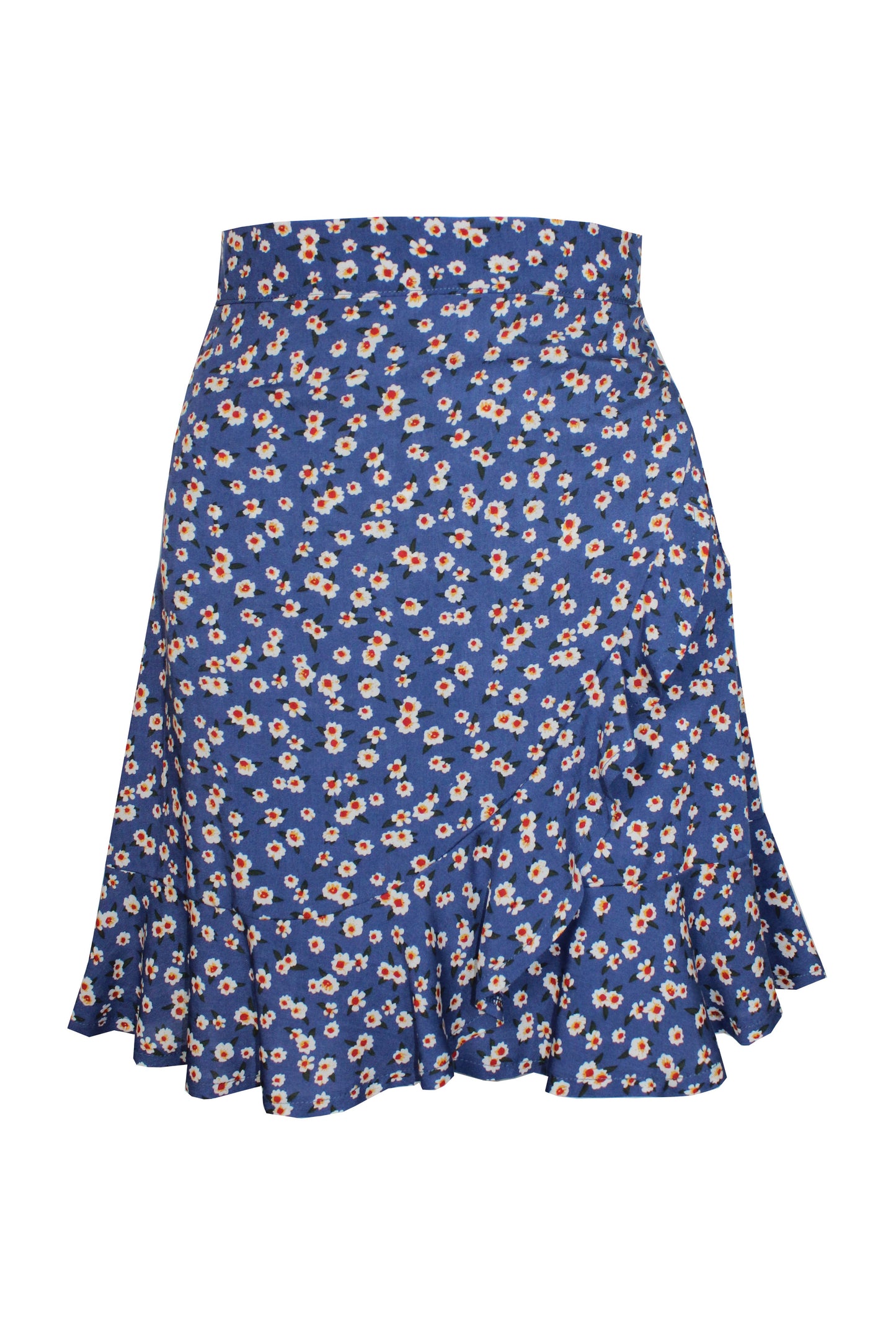 Kurzer Wickelrock in blau mit Blumenmuster aus Viskosestoff von LA.LUKA Berlin.