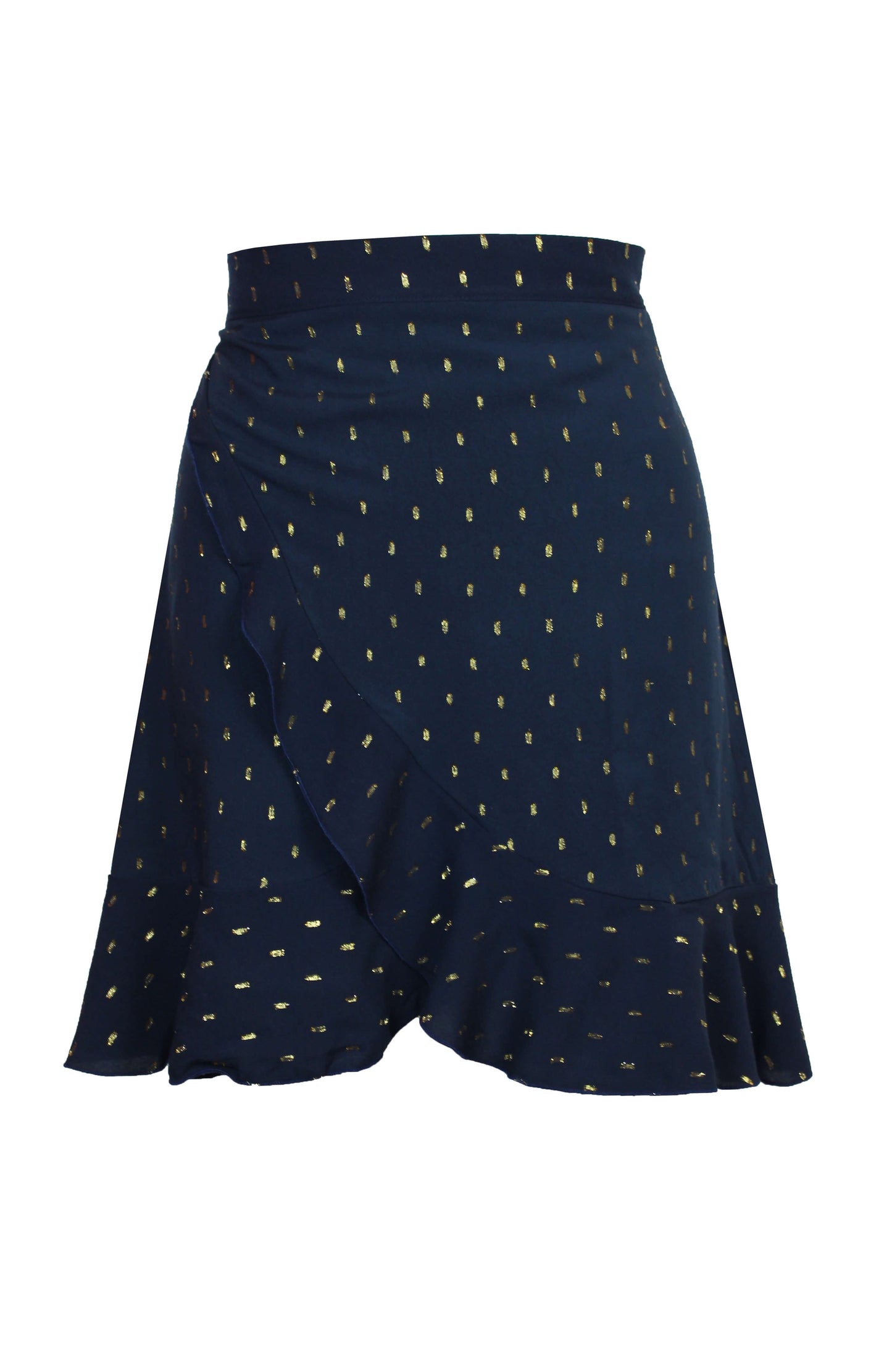 Dunkelblauer Wickelrock mit goldenen Punkten in Minilänge aus Viskose von LA.LUKA Berlin.