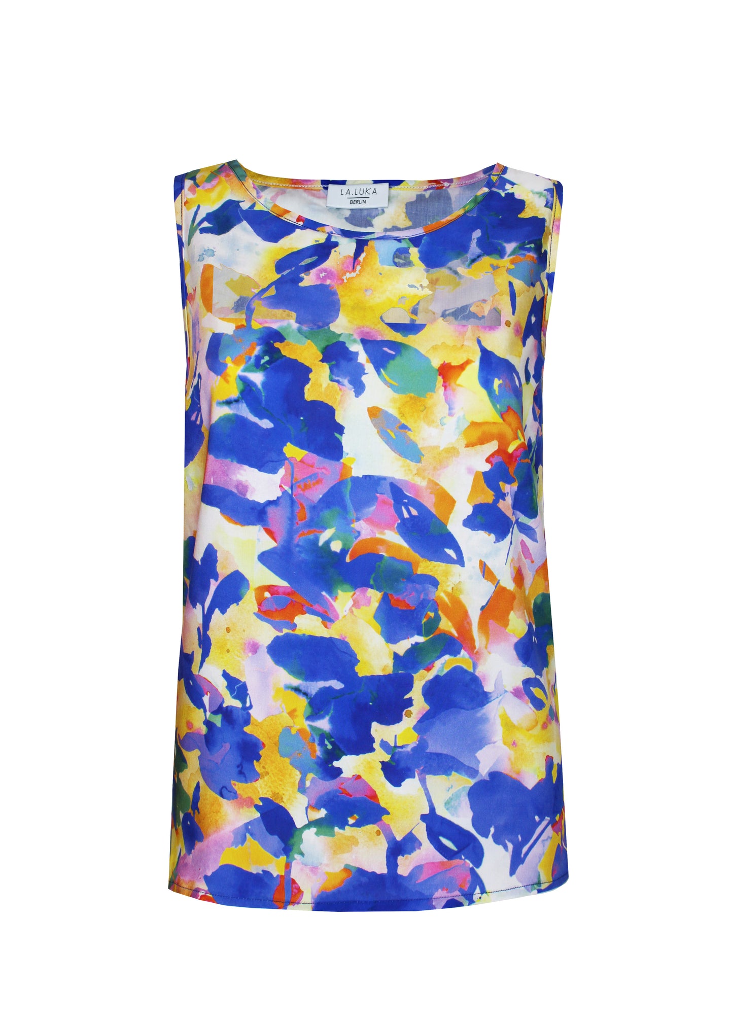 Blusentop in blau gelb geblümt ohne Ärmel von LA.LUKA Berlin.