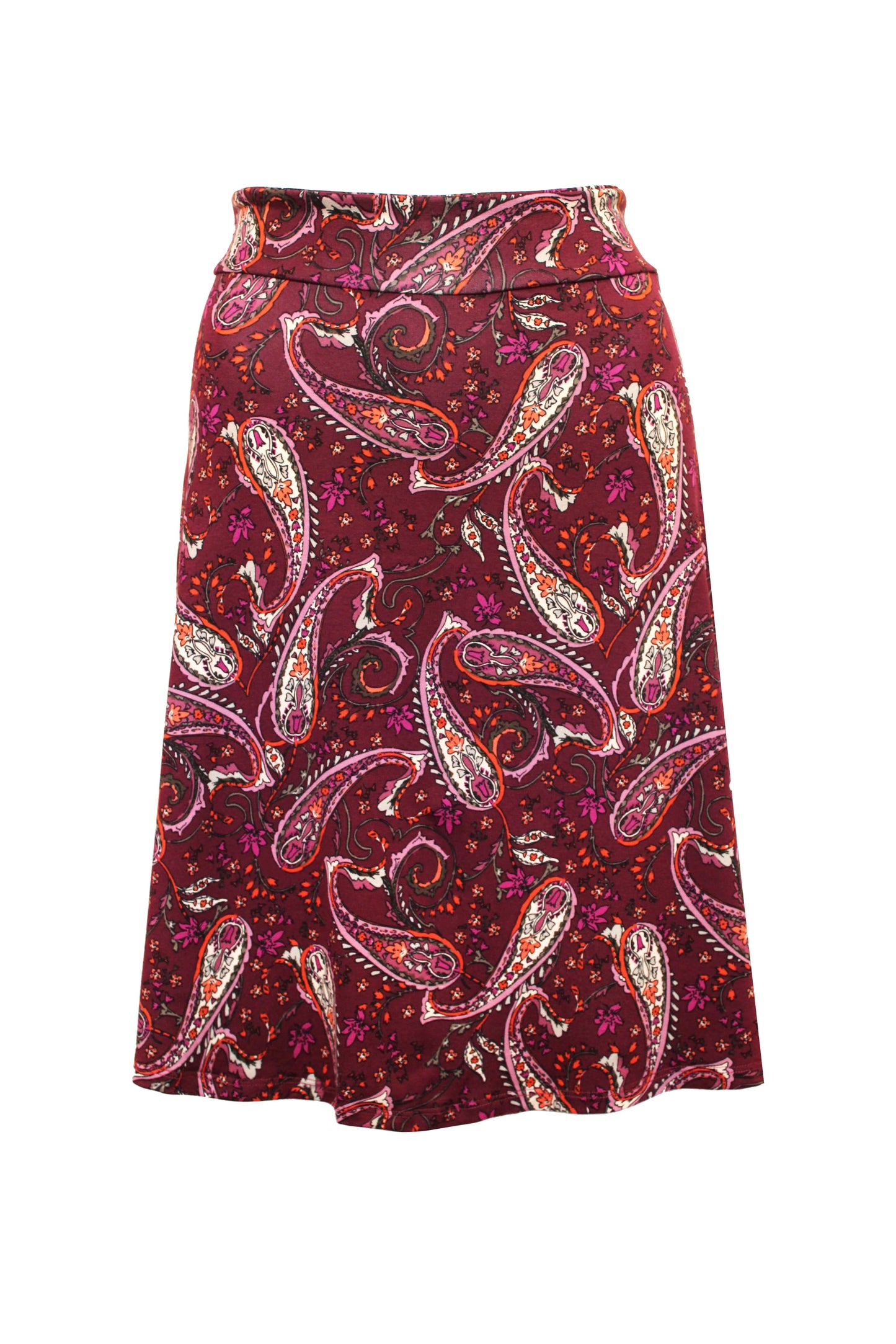 Midirock aus weichem Viskosejersey mit Paisley-Muster in Bordeaux, Orange und Pink. Der Rock hat einen bequemen Bund und fällt locker bis zum Knie – ideal für Herbst-Looks.