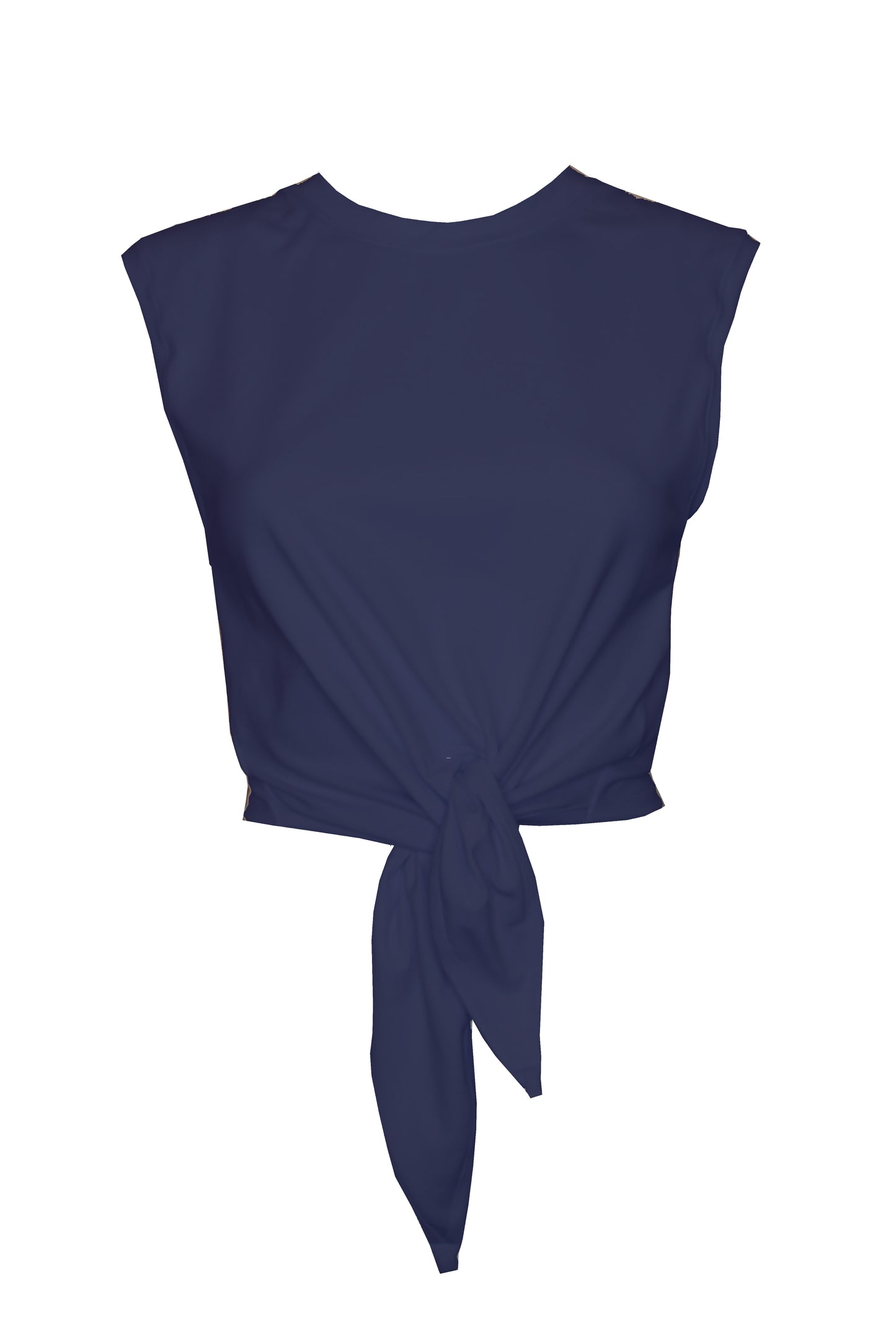 Cropped T-Shirt in dunkelblau mit Rundhalsausschnitt, vorne zum knoten.