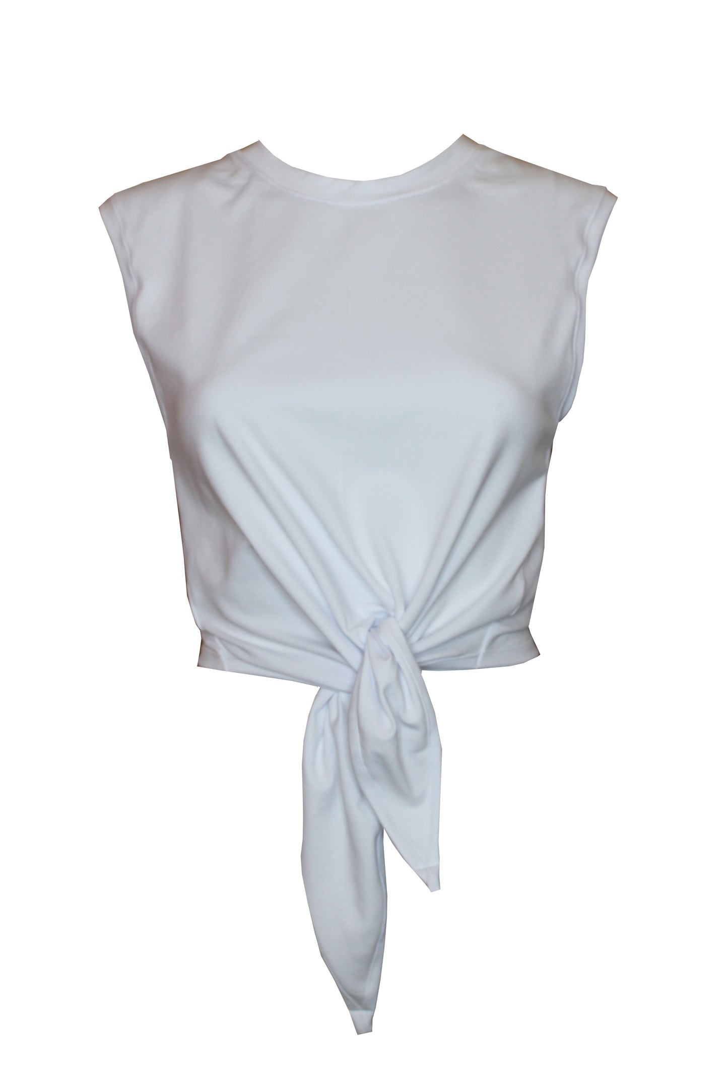 Weißes Cropped T-Shirt aus Baumwolljersey mit Rundhalsausschnitt und Knotendetail vorne.