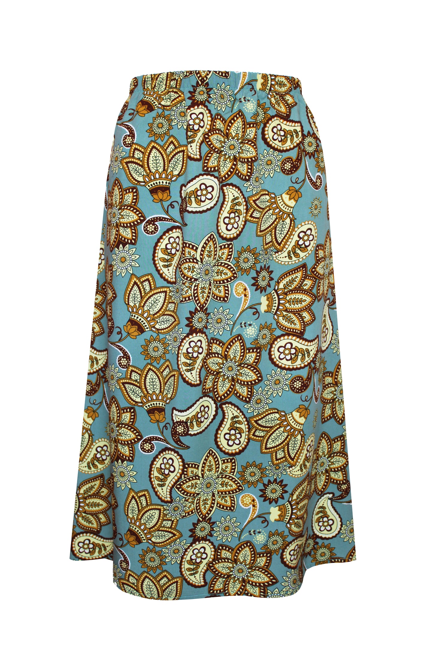 Damen-Midirock in Salbeigrün mit detailreichem Paisley-Print in Braun- und Beigetönen – aus leichter Viskose für stilvolle Sommerlooks.