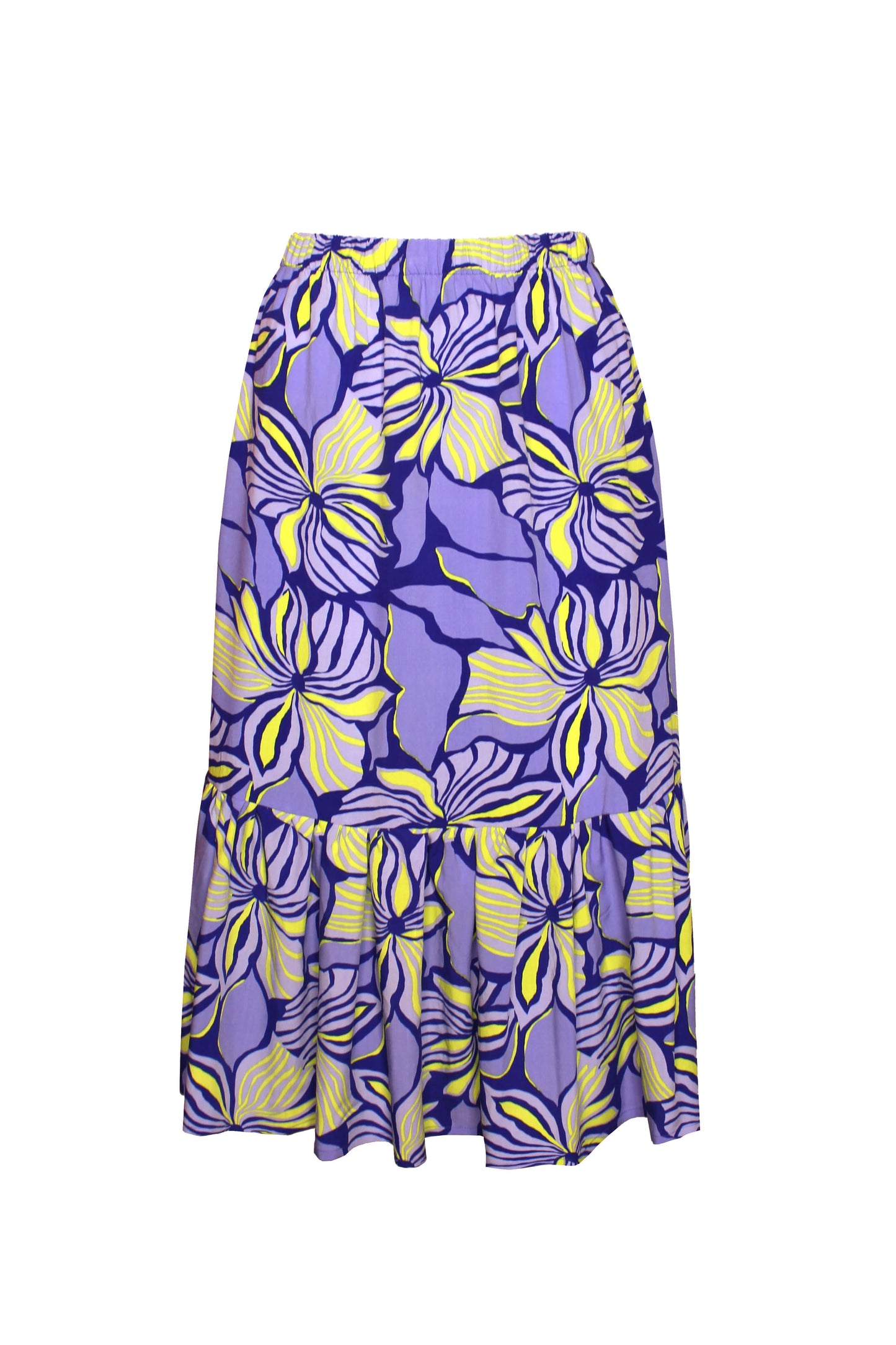 Farbenfroher Damen-Midirock mit großem gelb-lila Blumenprint auf blauem Grund – luftiger Sommerrock mit Volantsaum und elastischem Bund.