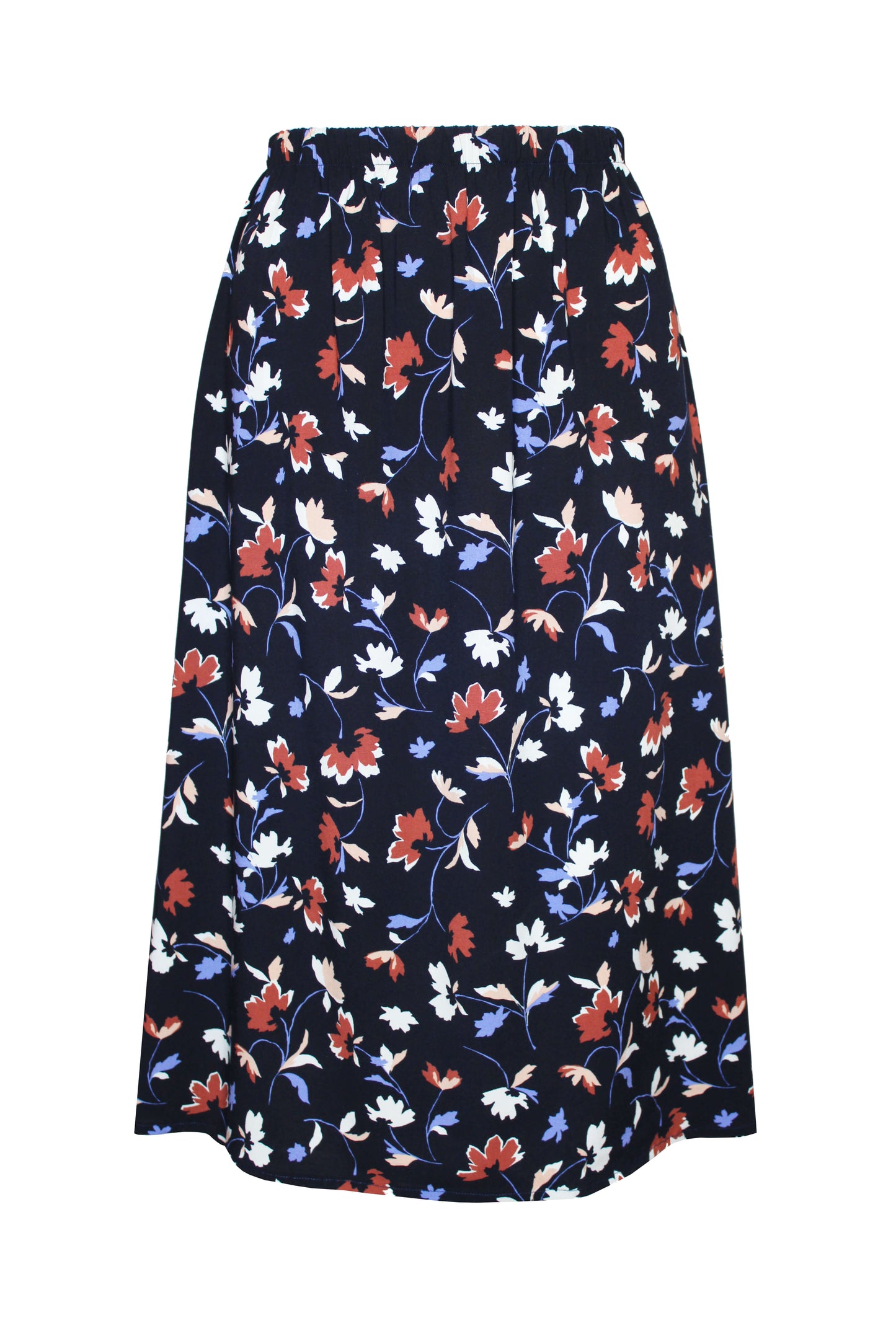 Midirock aus Viskose mit floralem Muster in Rot, Blau und Creme auf dunkelblauem Hintergrund. Der Rock hat einen elastischen Bund und fällt locker – ideal für den Übergang oder als Herbstrock.