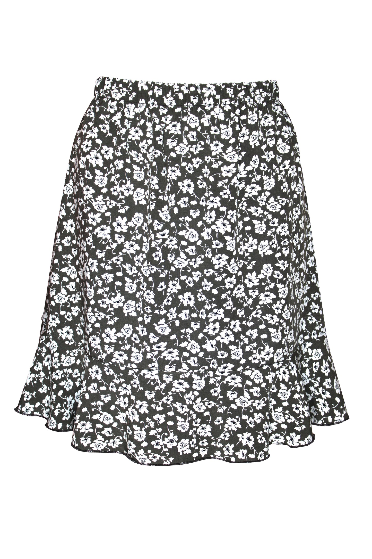 Grauer Rock mit weißem Blumenmuster, kurzer Schnitt und breiter Volant am Saum.