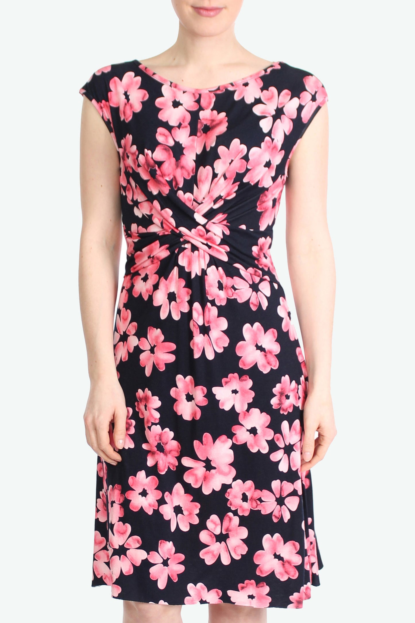 Dunkelblaues Sommerkleid mit pinken Blumenmuster aus Viskosejersey, knielang, Damenkleid – Made in Berlin.