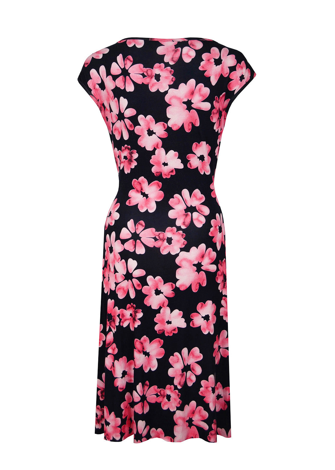 Dunkelblaues Sommerkleid mit pinken Blumenmuster aus Viskosejersey, knielang, Damenkleid – in der Rückansicht.