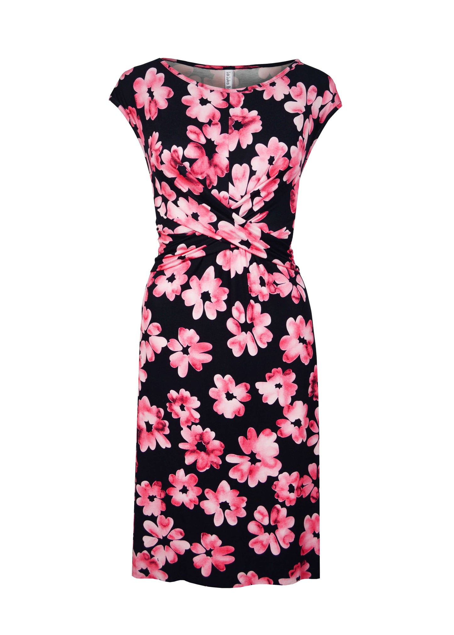 Dunkelblaues Sommerkleid mit pinken Blumenmuster aus Viskosejersey, knielang, Damenkleid – in der Vorderansicht.