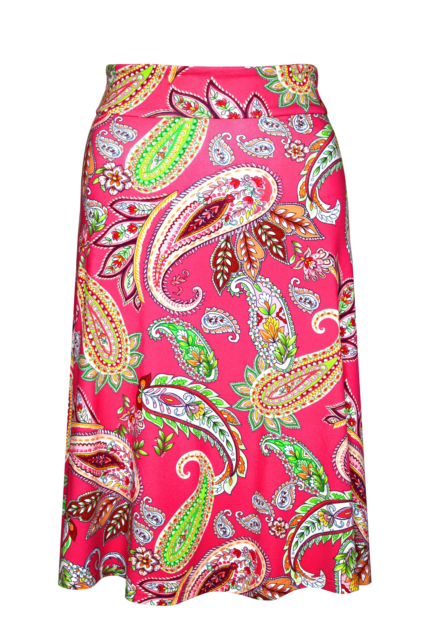 Sommerrock Damen in A-Linie aus pinkem Jersey mit großflächigem Paisley-Print in Grün, Weiß, Orange und Rot.