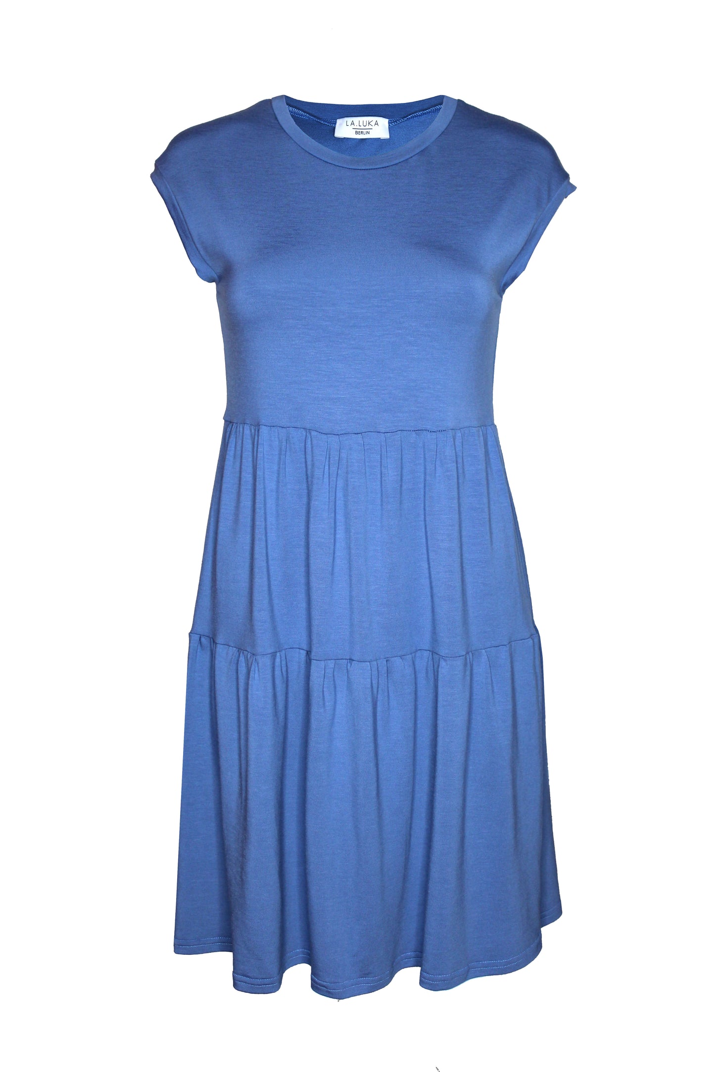 Blaues Stufenkleid in Minilänge mit Rundhalsausschnitt und kurzen Ärmeln aus Bambusjersey.