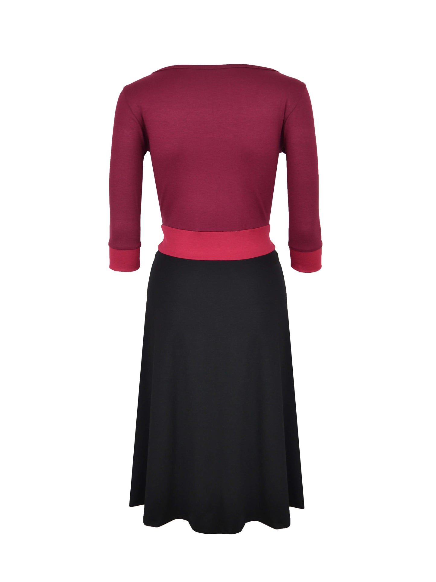 Rückansicht von knielangen Jerseykleid mit 3/4-Ärmeln in den Farben Schwarz und Bordeaux von LA.LUKA Berlin