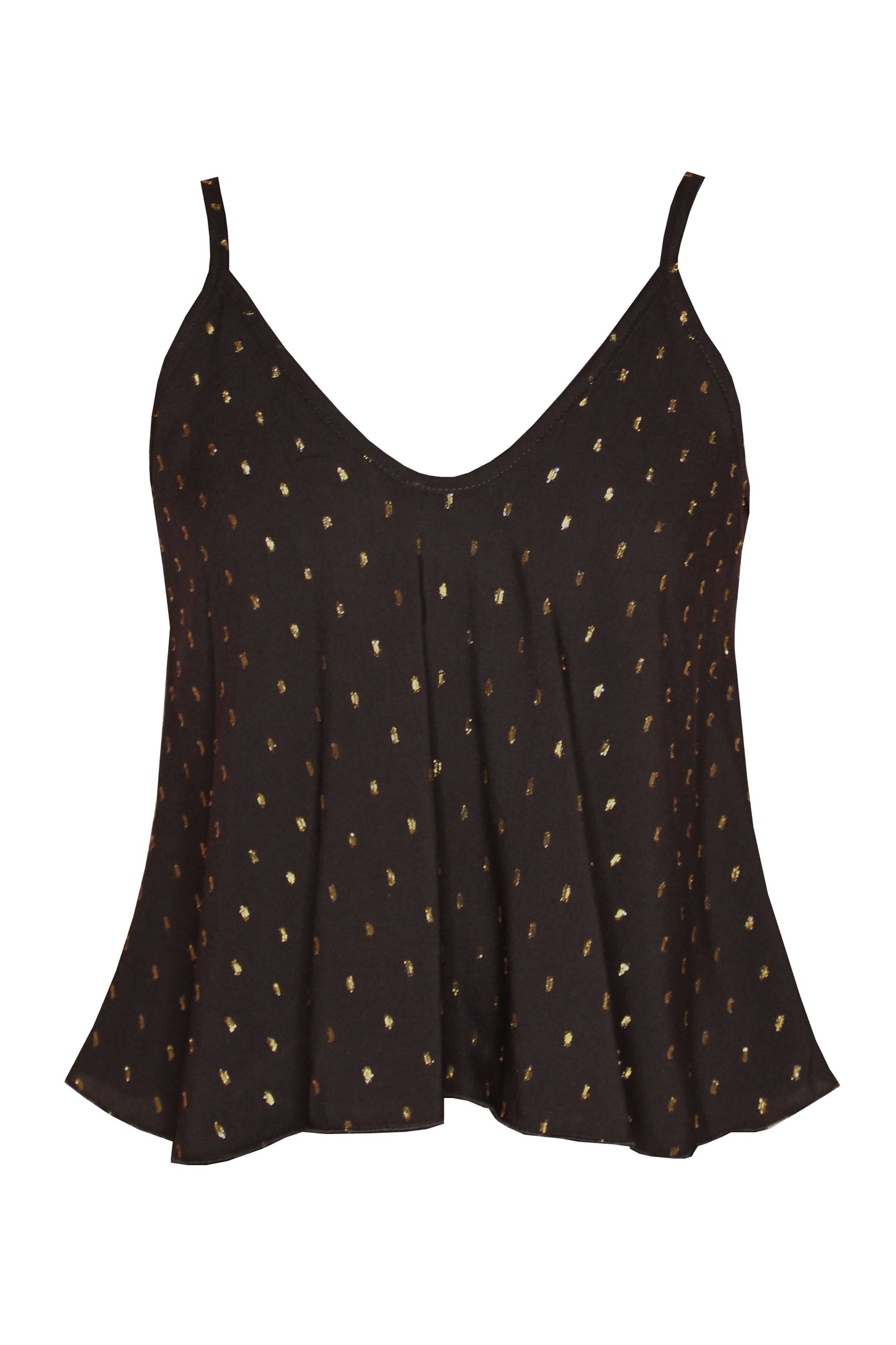 Croptop in schwarz mit goldenen Punkten und mit Spaghettiträgern von LA.LUKA Berlin.