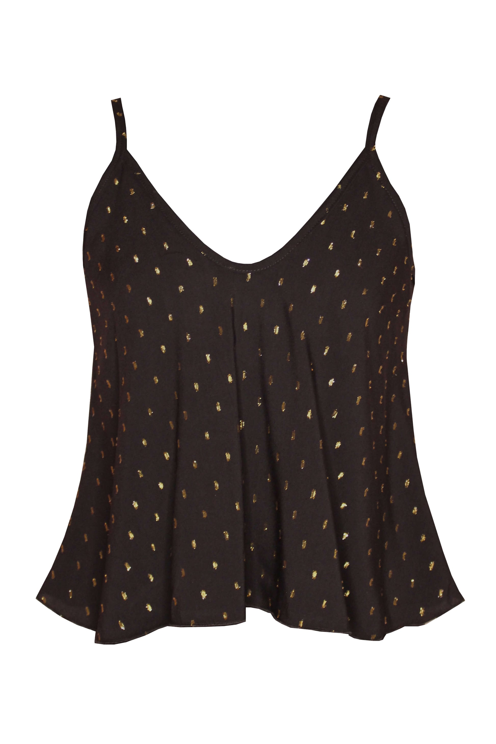 Croptop in schwarz mit goldenen Punkten und mit Spaghettiträgern von LA.LUKA Berlin.