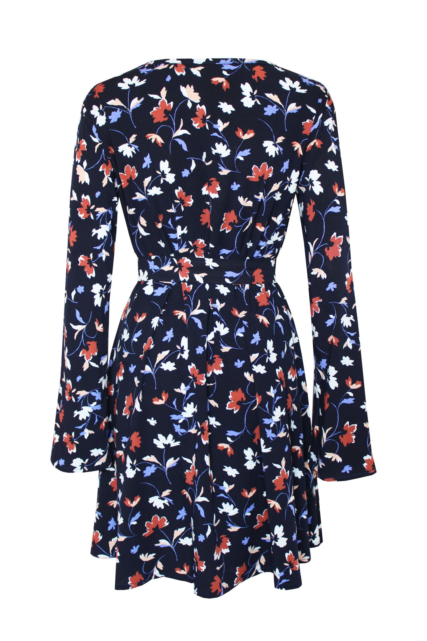 Rückansicht des geblümten Herbstkleids mit Bindegürtel – LA.LUKA Berlin.