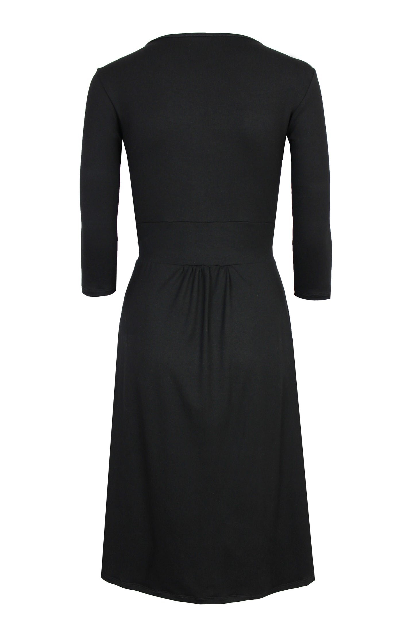 Elegantes, schwarzes Kleid aus Viskosejersey mit 3/4 Ärmeln und Raffungen von LA.LUKA Berlin in der Rückansicht.