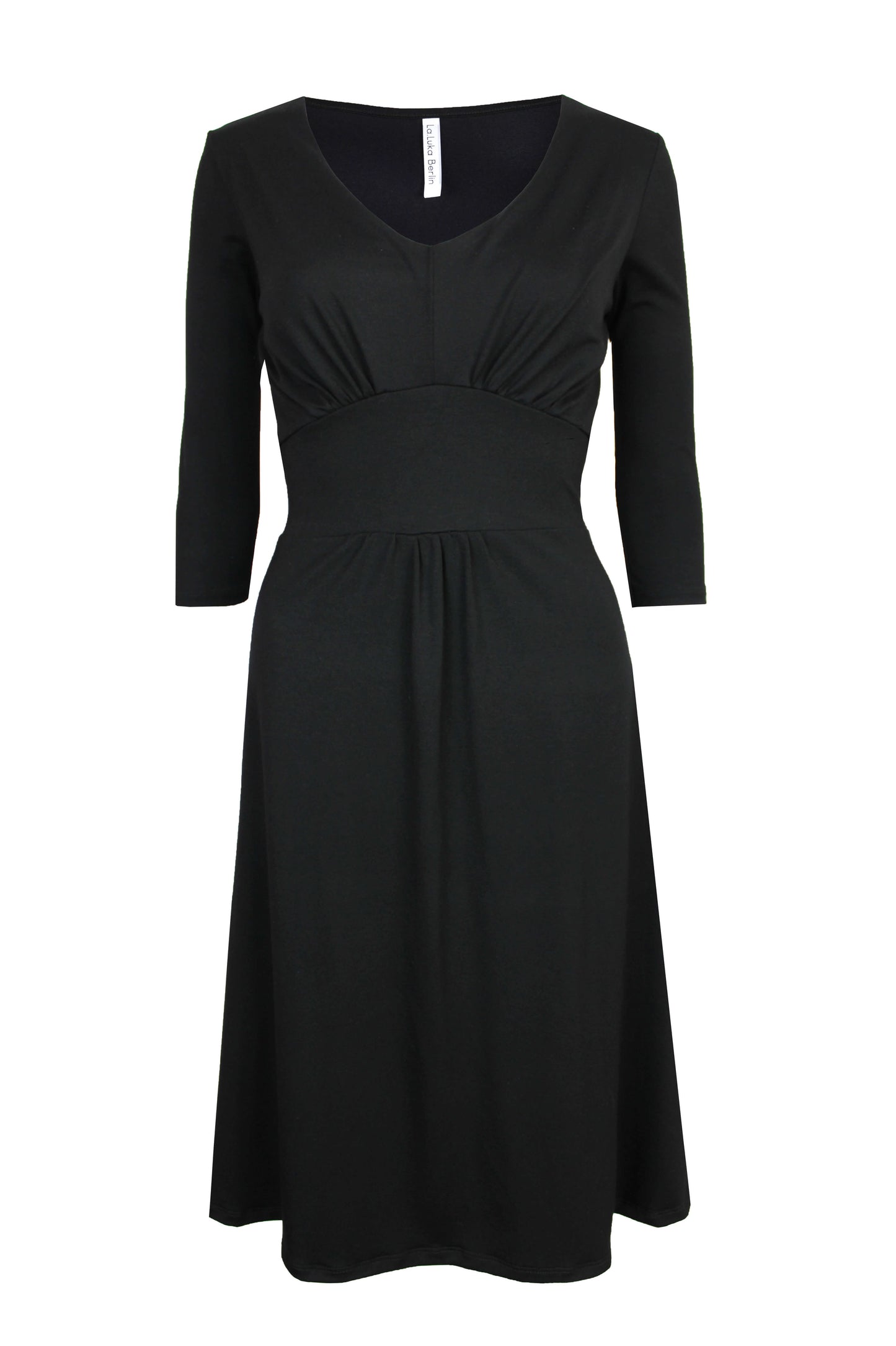 Elegantes, schwarzes Kleid aus Viskosejersey mit 3/4 Ärmeln und Raffungen von LA.LUKA Berlin.