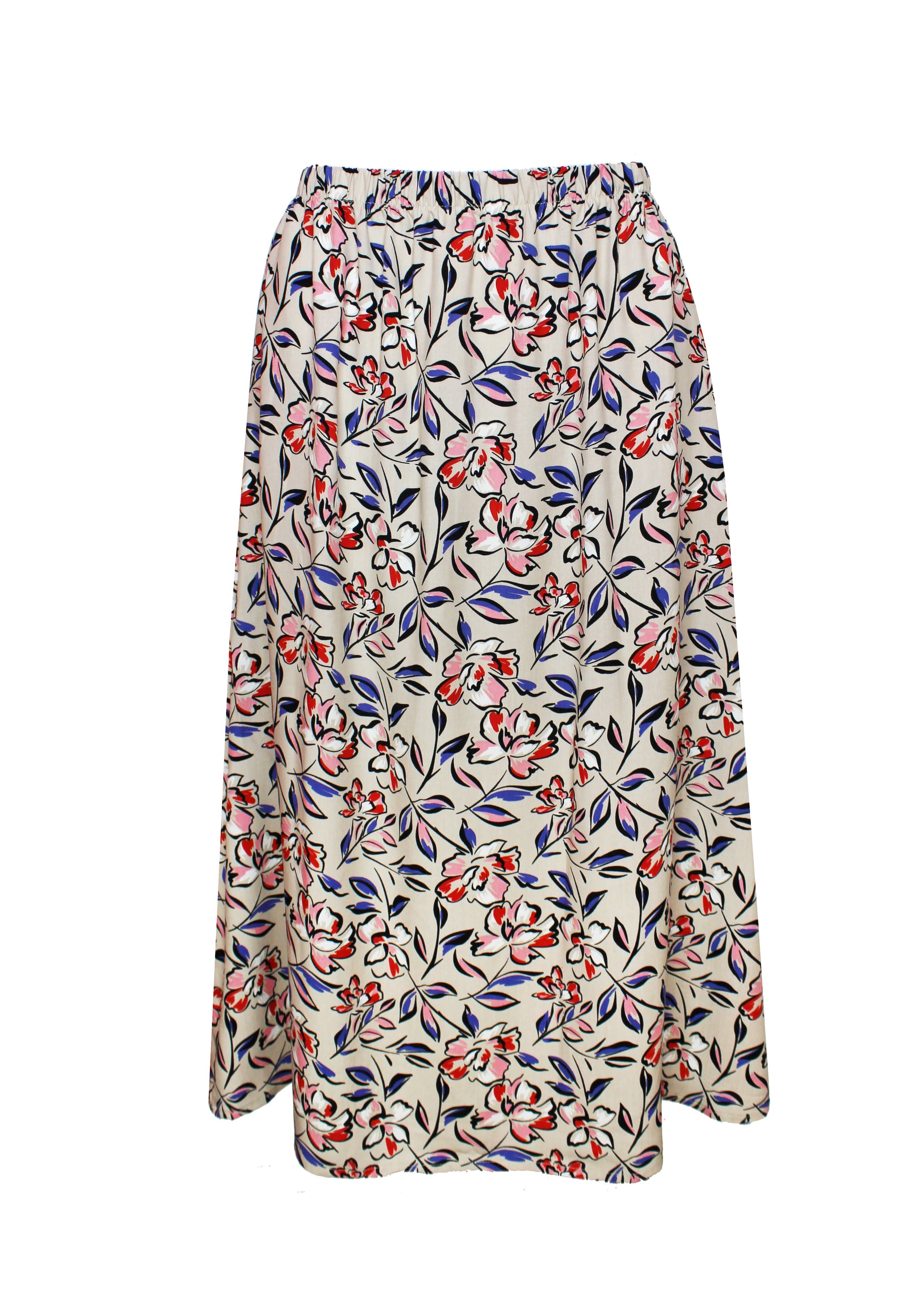 Midirock aus leichtem Viskosestoff in beige mit bunten Blumenprint und elastischen Bund.