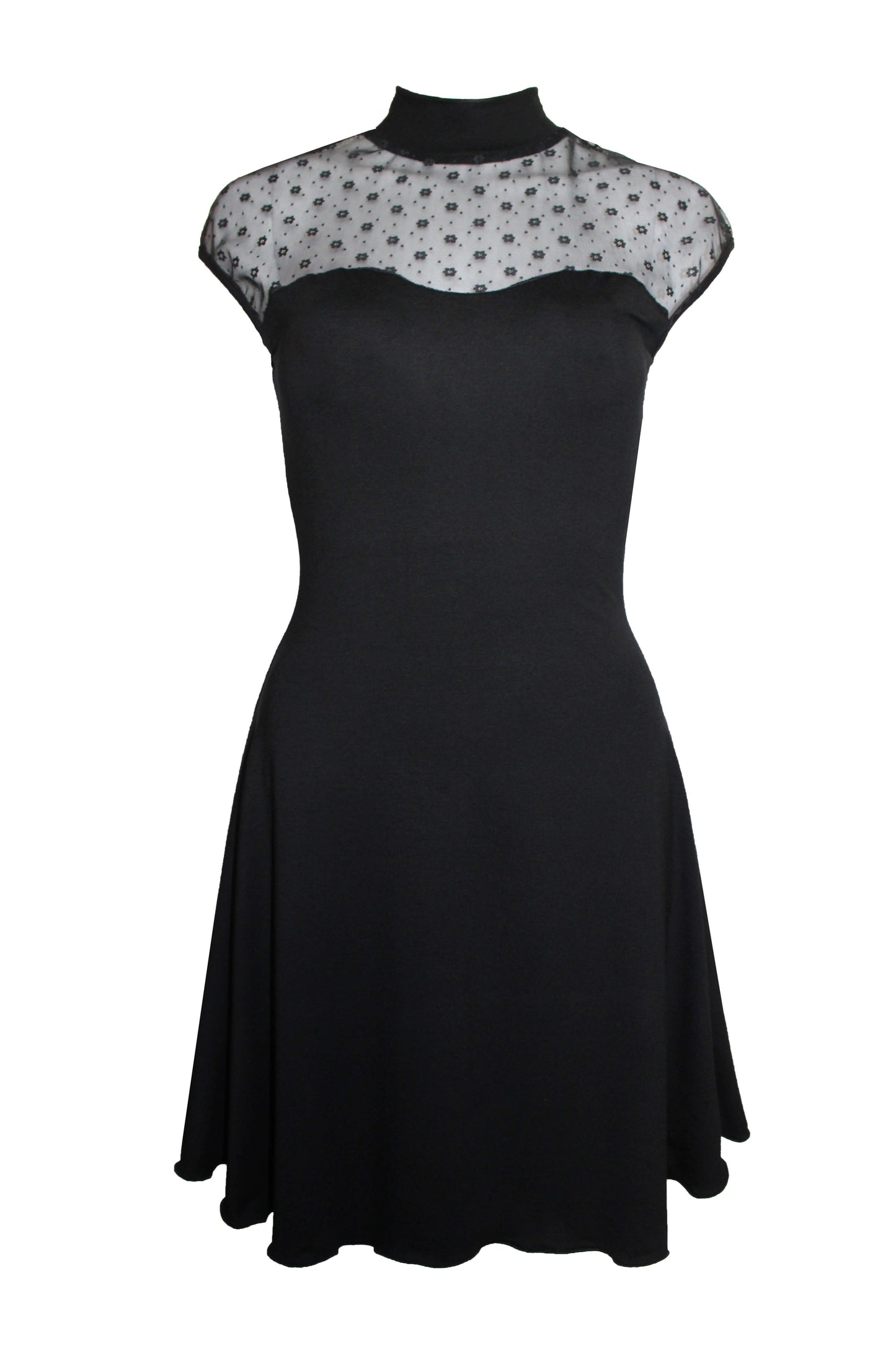 Elegantes, kurzes Minikleid in schwarz mit Blümchen Tüll und Stehkragen von LA.LUKA Berlin.