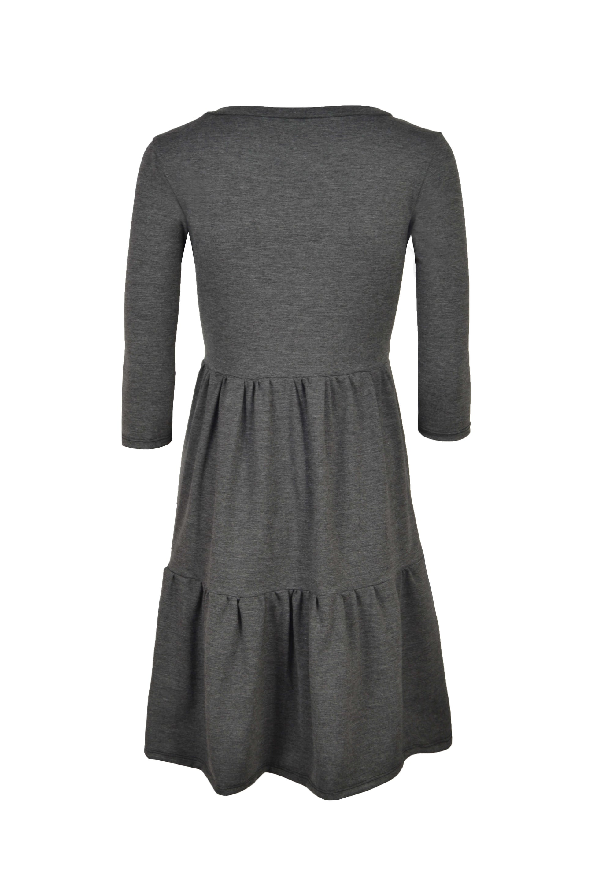Dunkelgraues, kurzes Minikleid mit Volants und Rundhalsausschnitt aus Jersey von LA.LUKA Berlin, in der Rückansicht.